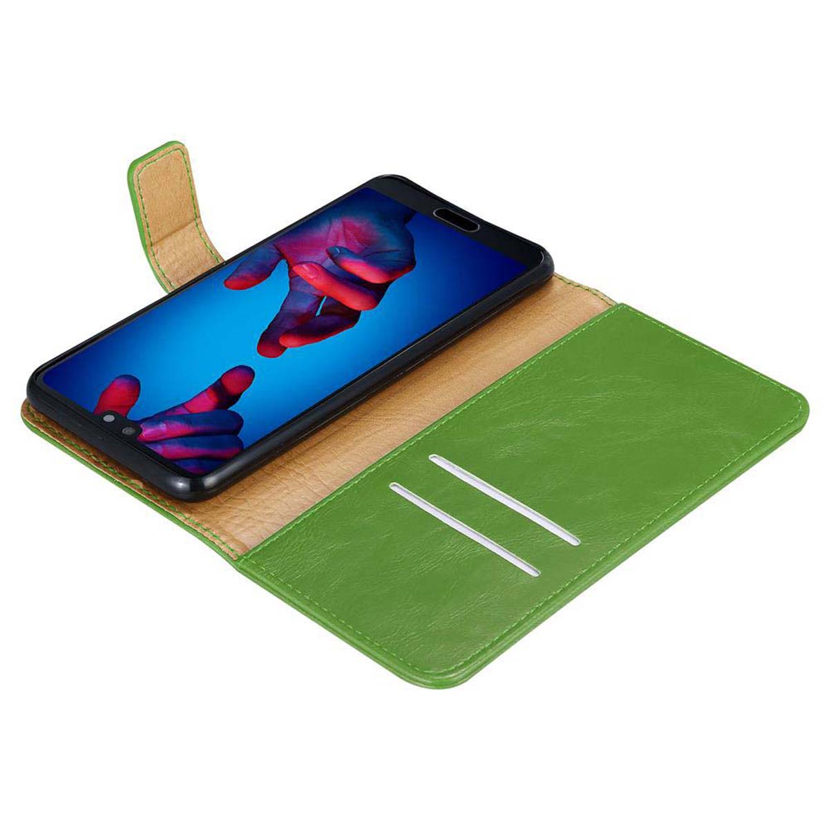Custodia verde per telefono aperta, mostra un telefono con un'immagine di mano.