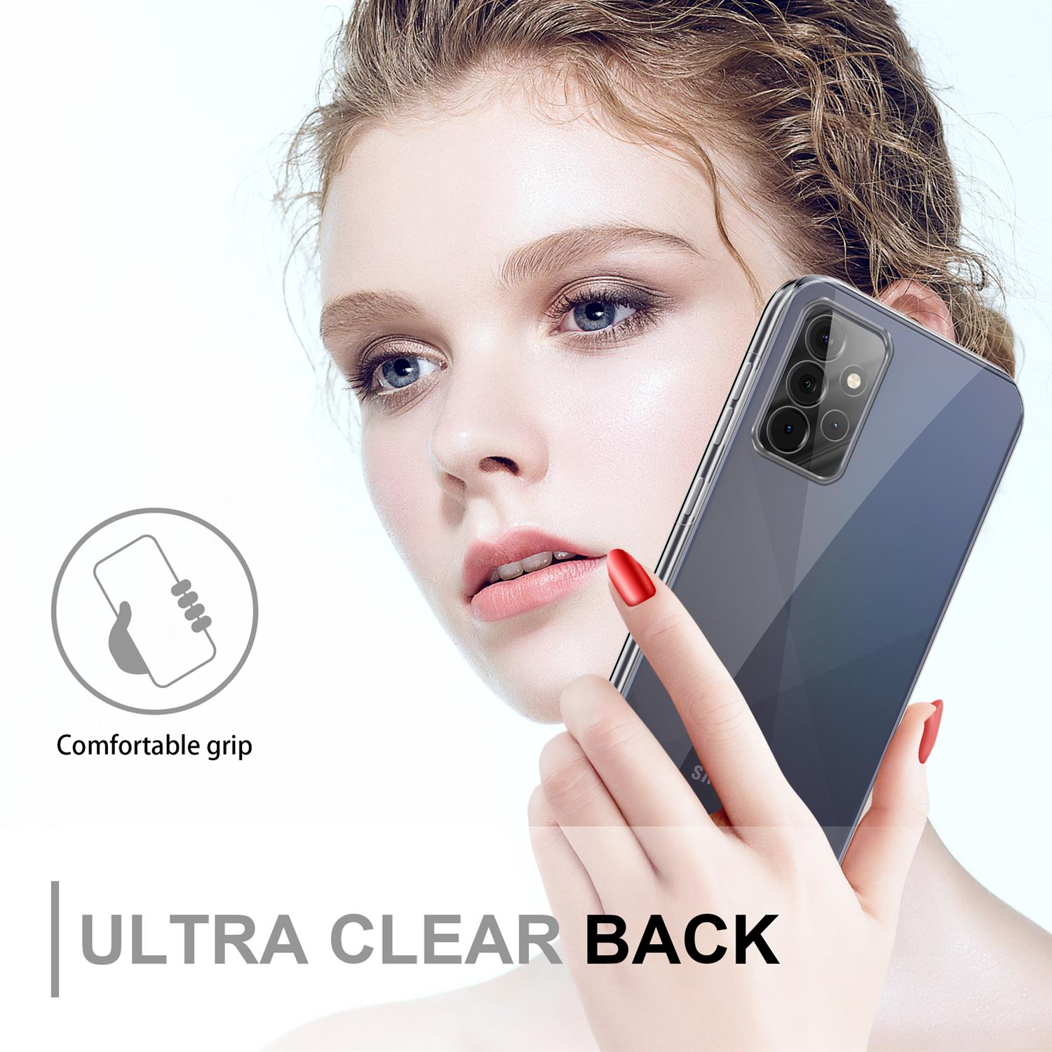 Donna che tiene in mano un telefono con una custodia posteriore ultra trasparente. Il testo dice 'Ultra Clear Back'.