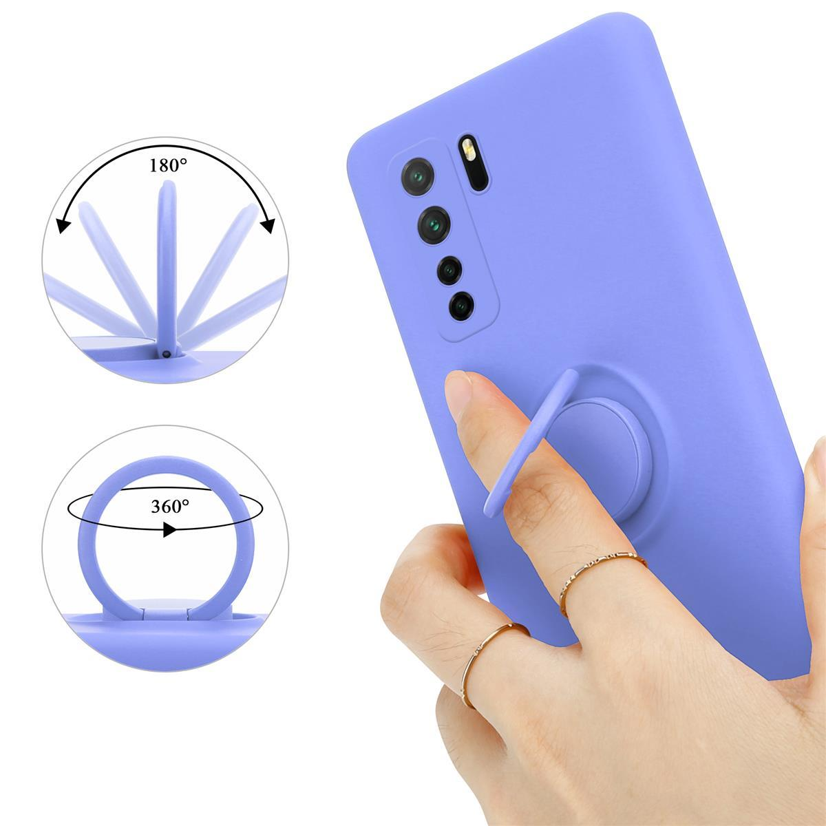 Lila Telefon mit Ringhalter und Handyhülle. Weißer Hintergrund.