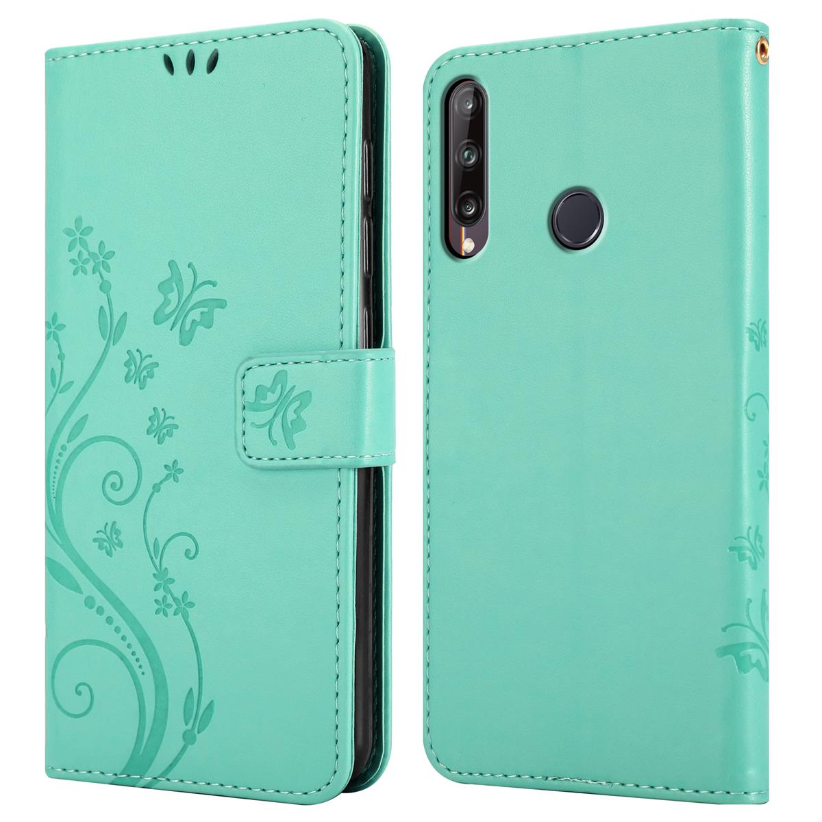 Custodia per telefono in due parti, verde acqua, con motivo a farfalla. Chiusa e aperta, mostrando il telefono.