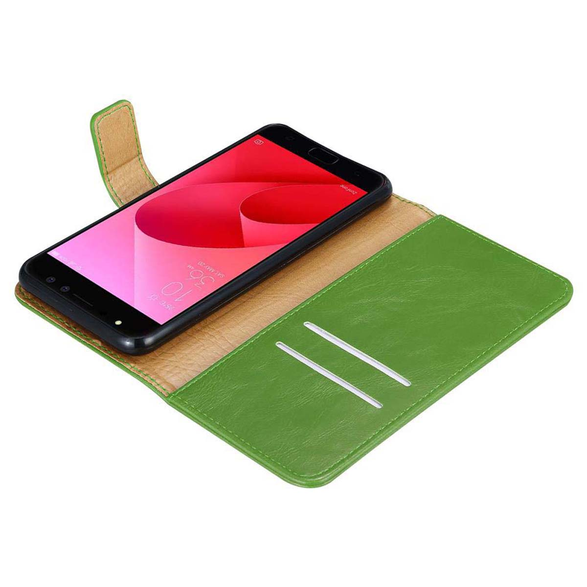 Ein Telefon in einer grünen Klapphülle, der Bildschirm zeigt eine rote und gelbe Oberfläche, die Hülle ist offen.