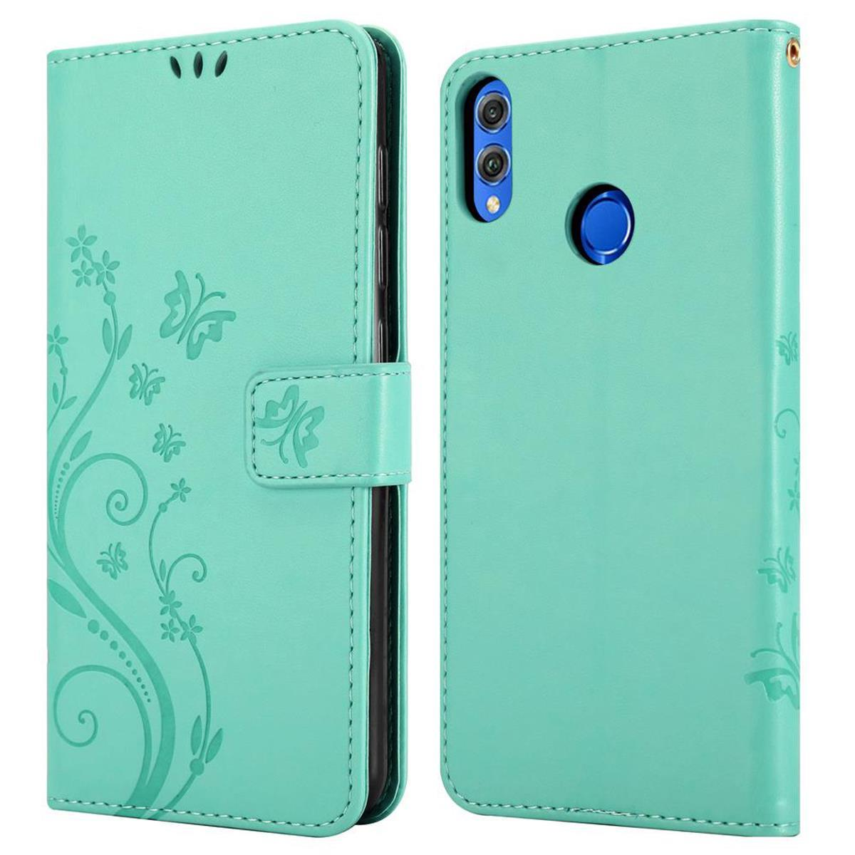Custodia per telefono verde menta, stile a libro. Con disegni floreali e farfalle.