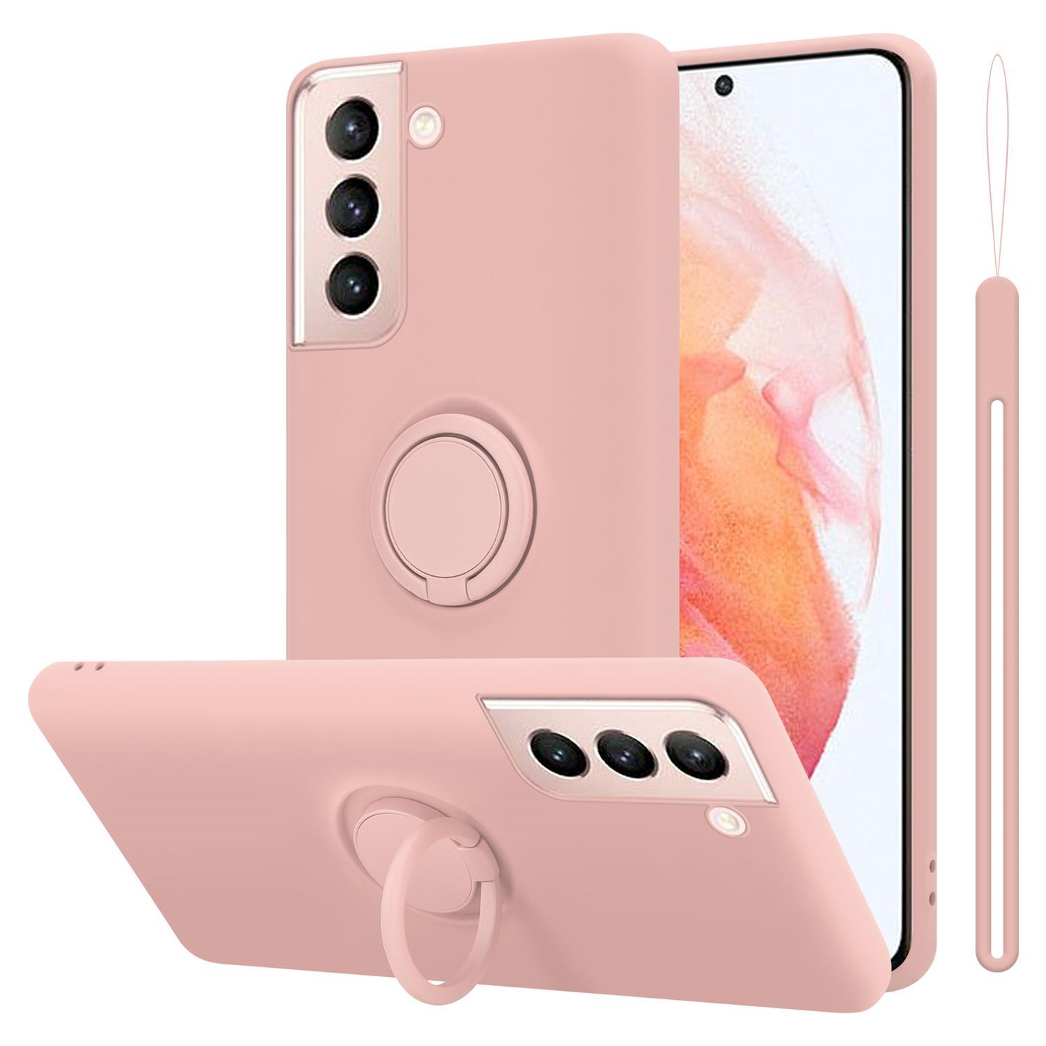 Custodie per telefono rosa con supporto ad anello, con tre diverse viste del telefono.