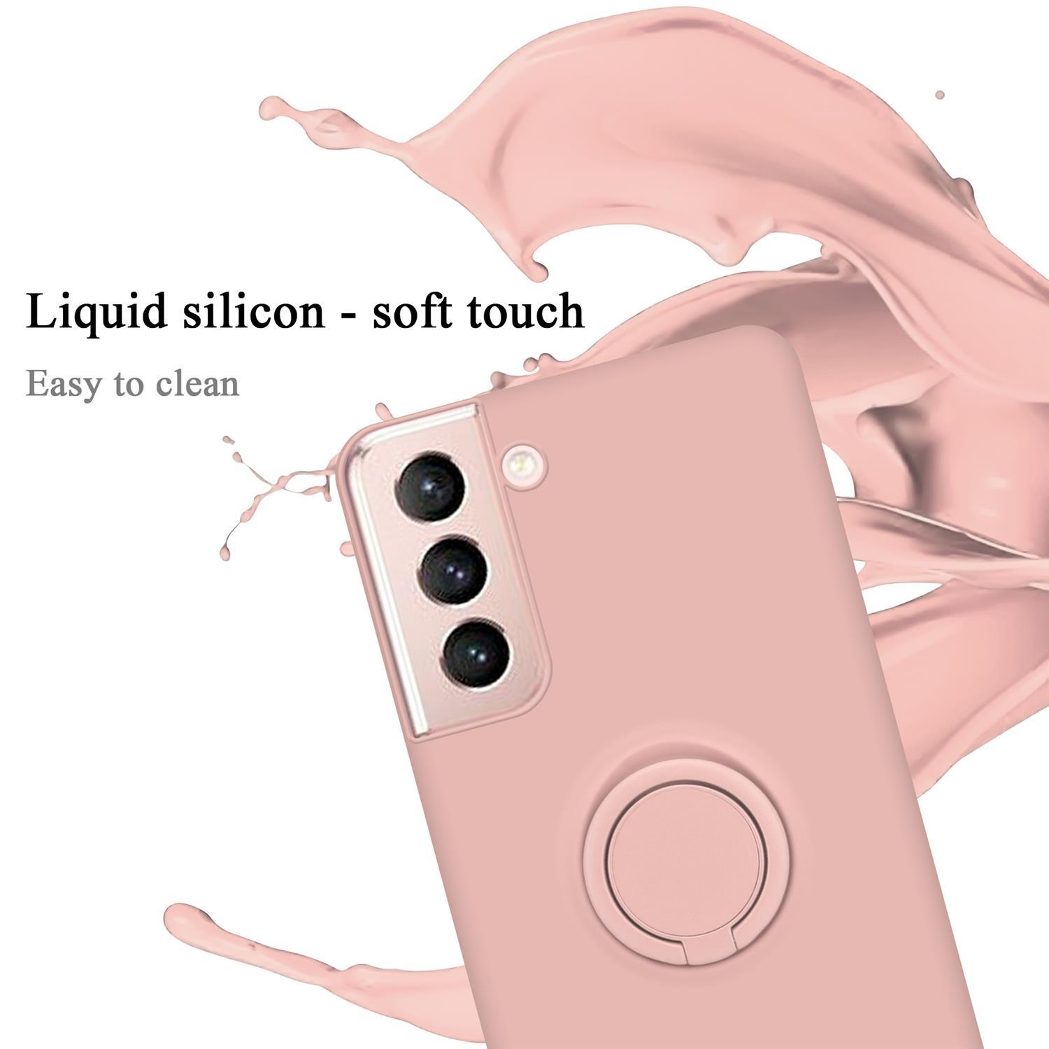 Telefono rosa con anello di supporto. Schizzo di liquido sullo sfondo. Sovrapposizione di testo.