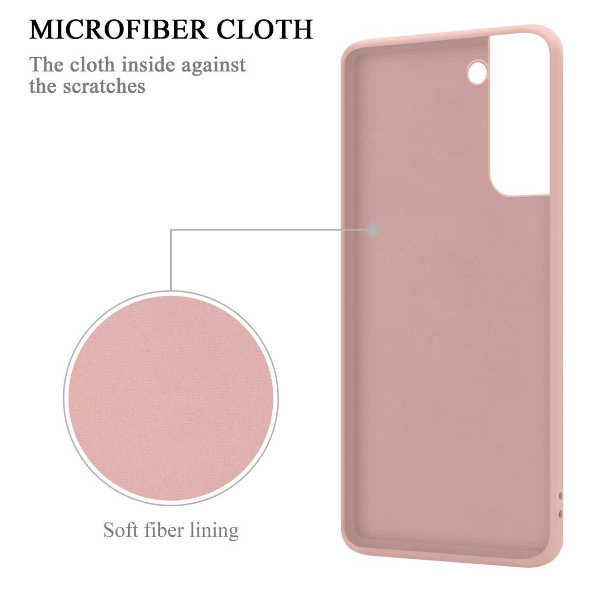 Custodia per telefono rosa con rivestimento in fibra morbida, il cerchio indica la fibra.