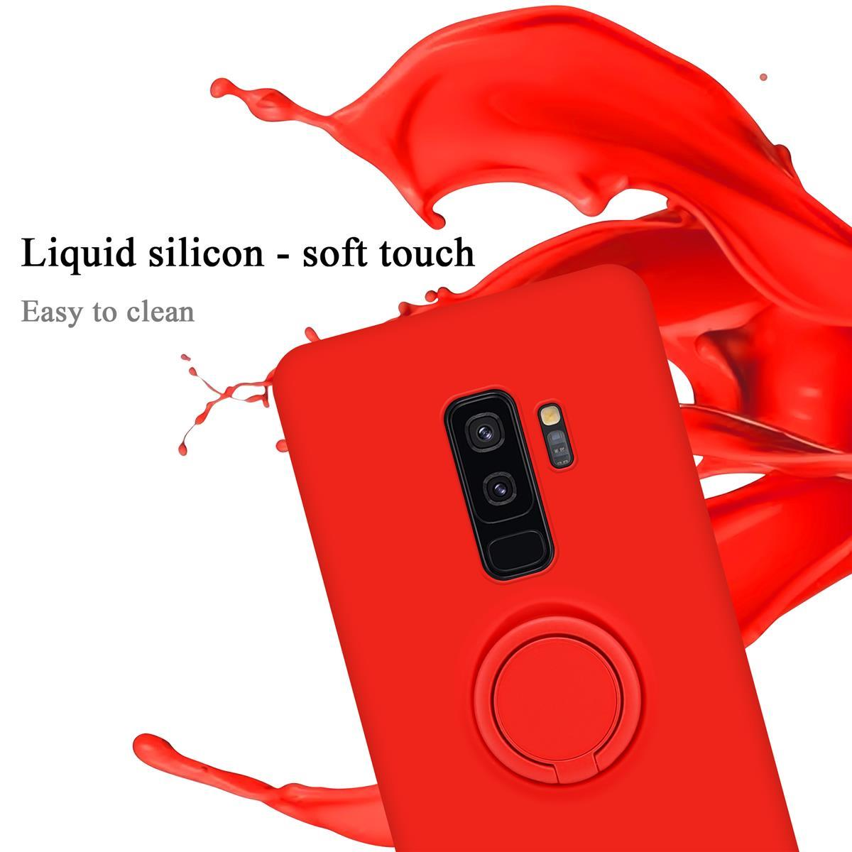 Custodia rossa per telefono con supporto ad anello. Schizzo di liquido rosso sullo sfondo.