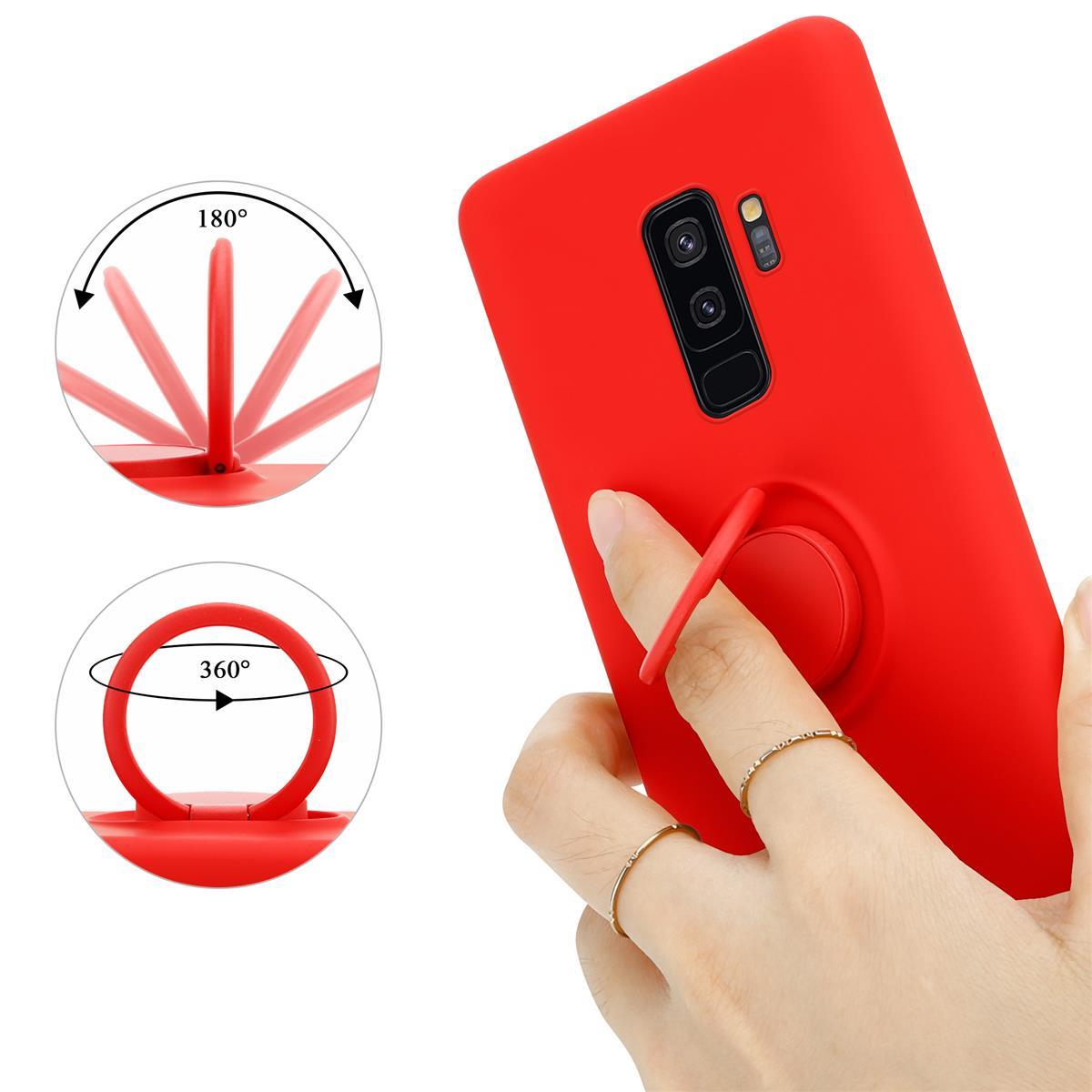 Custodia rossa per telefono con supporto ad anello. Una mano tiene il telefono, mostrando la rotazione.