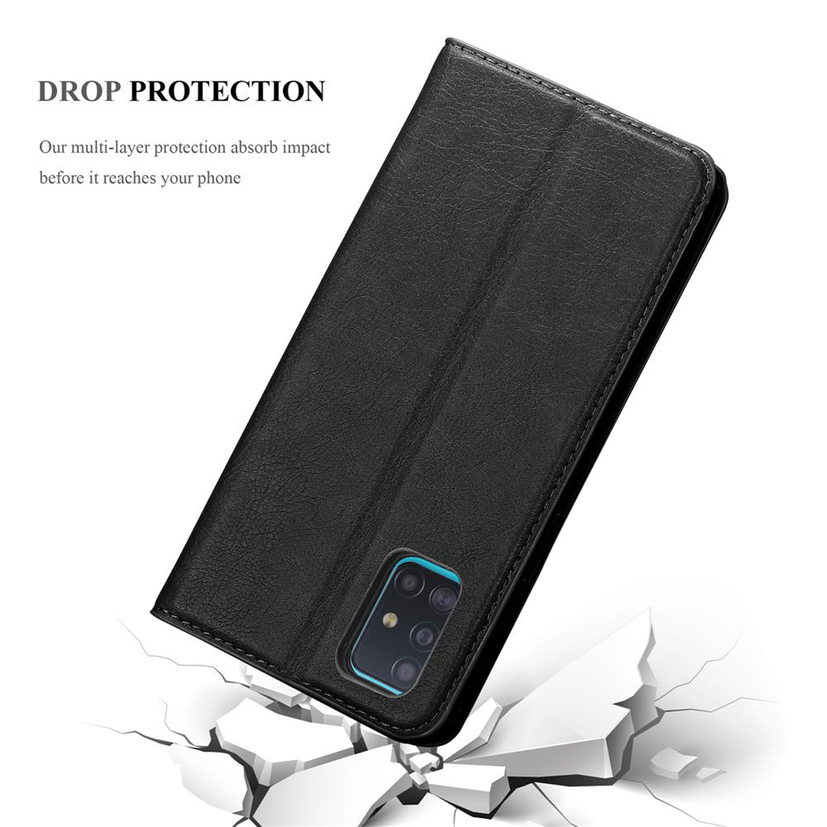 Geöffnete schwarze Handyhülle mit Telefon. Es liegt auf einer zerbrochenen weißen Oberfläche.