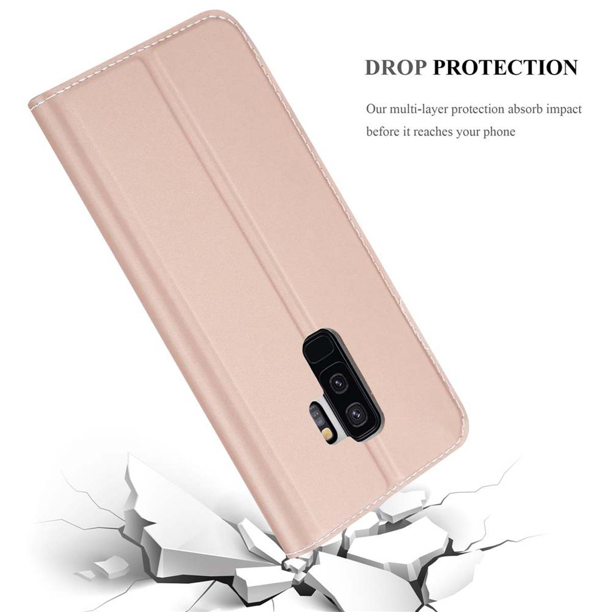 Beige Handyhülle offen, mit einem Telefon darin. Text über Sturzschutz.