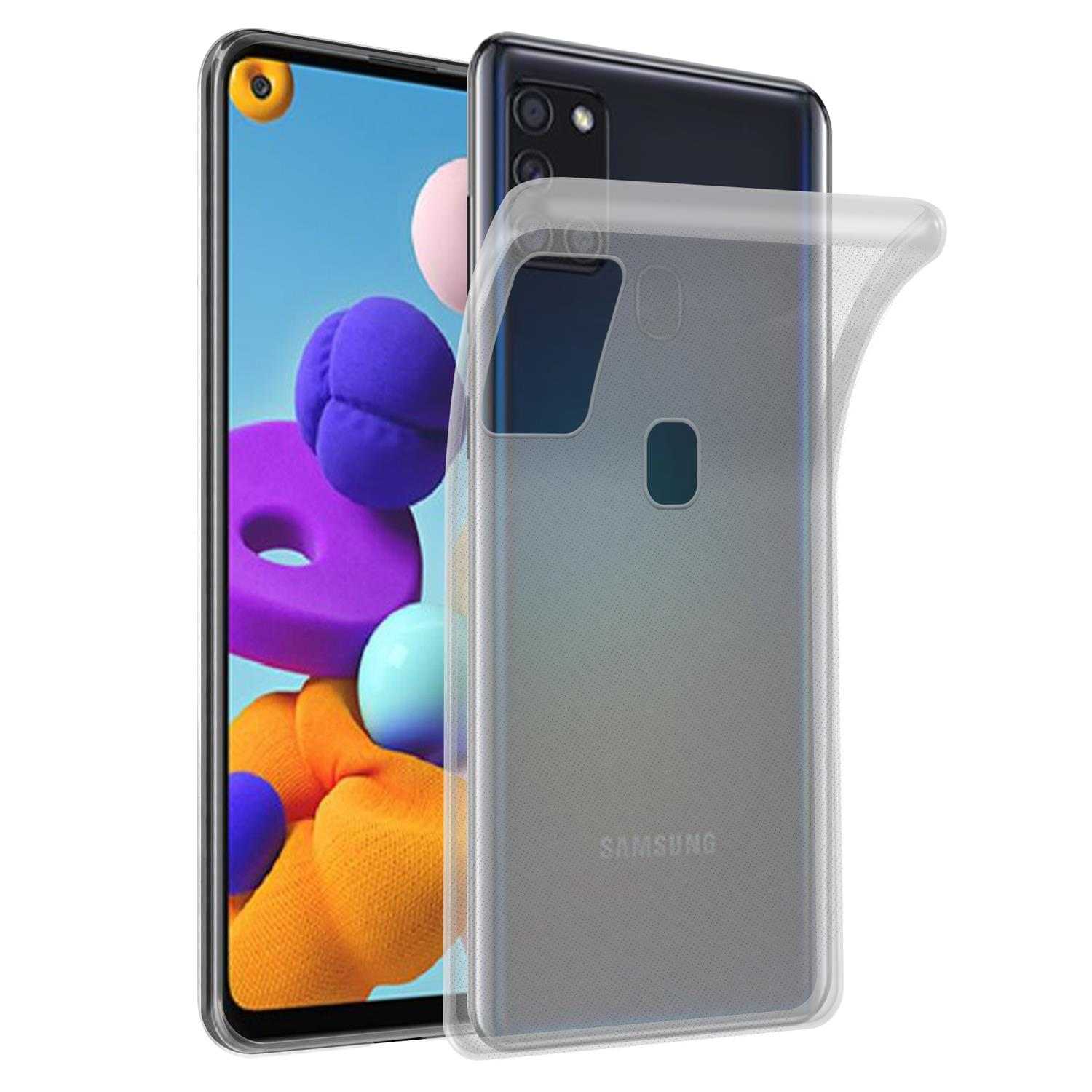 Samsung-Telefon mit klarer Hülle. Zeigt Vorder- und Rückseite des Telefons.