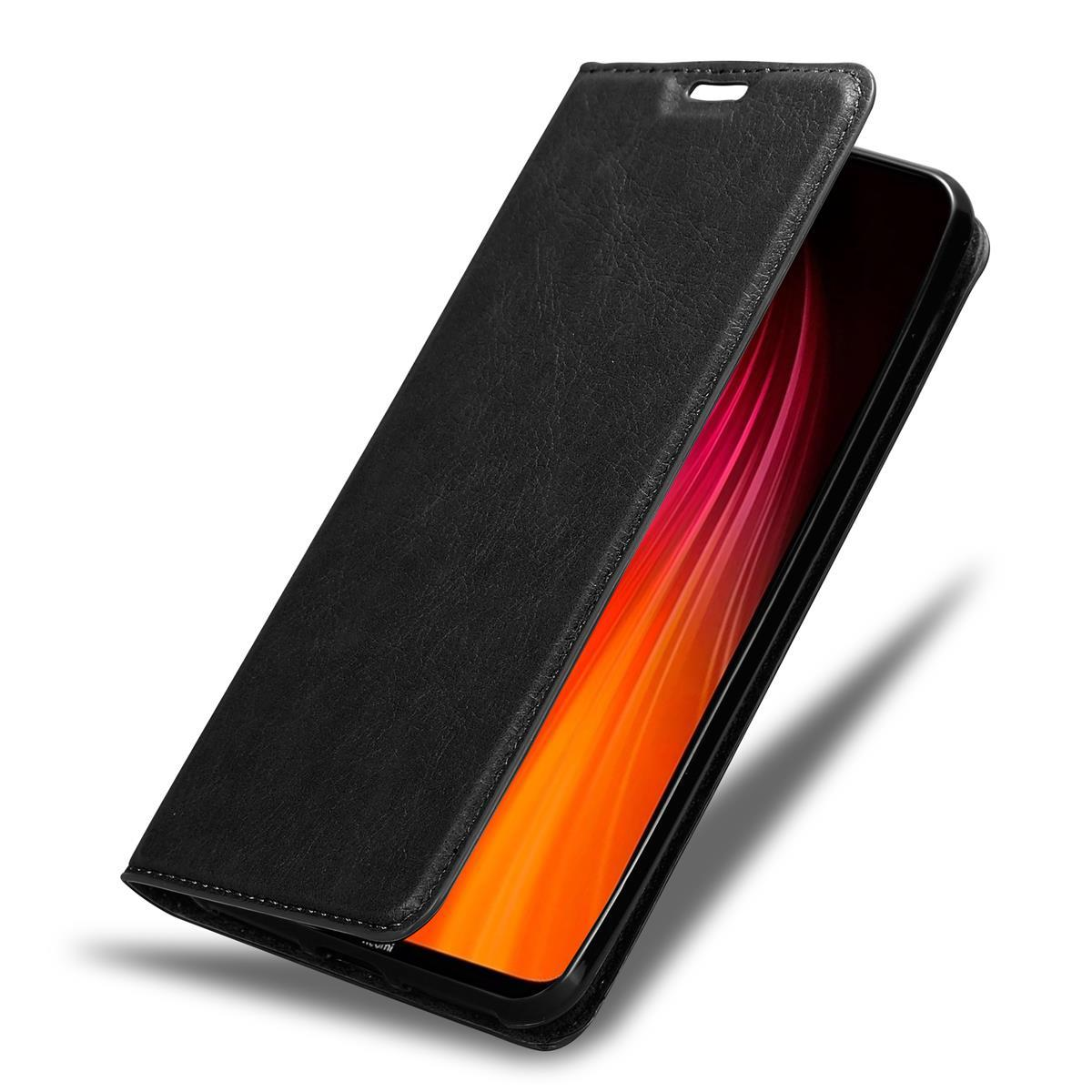 Schwarze Leder-Handyhülle offen, zeigt Telefon mit rotem und orangem Verlauf.