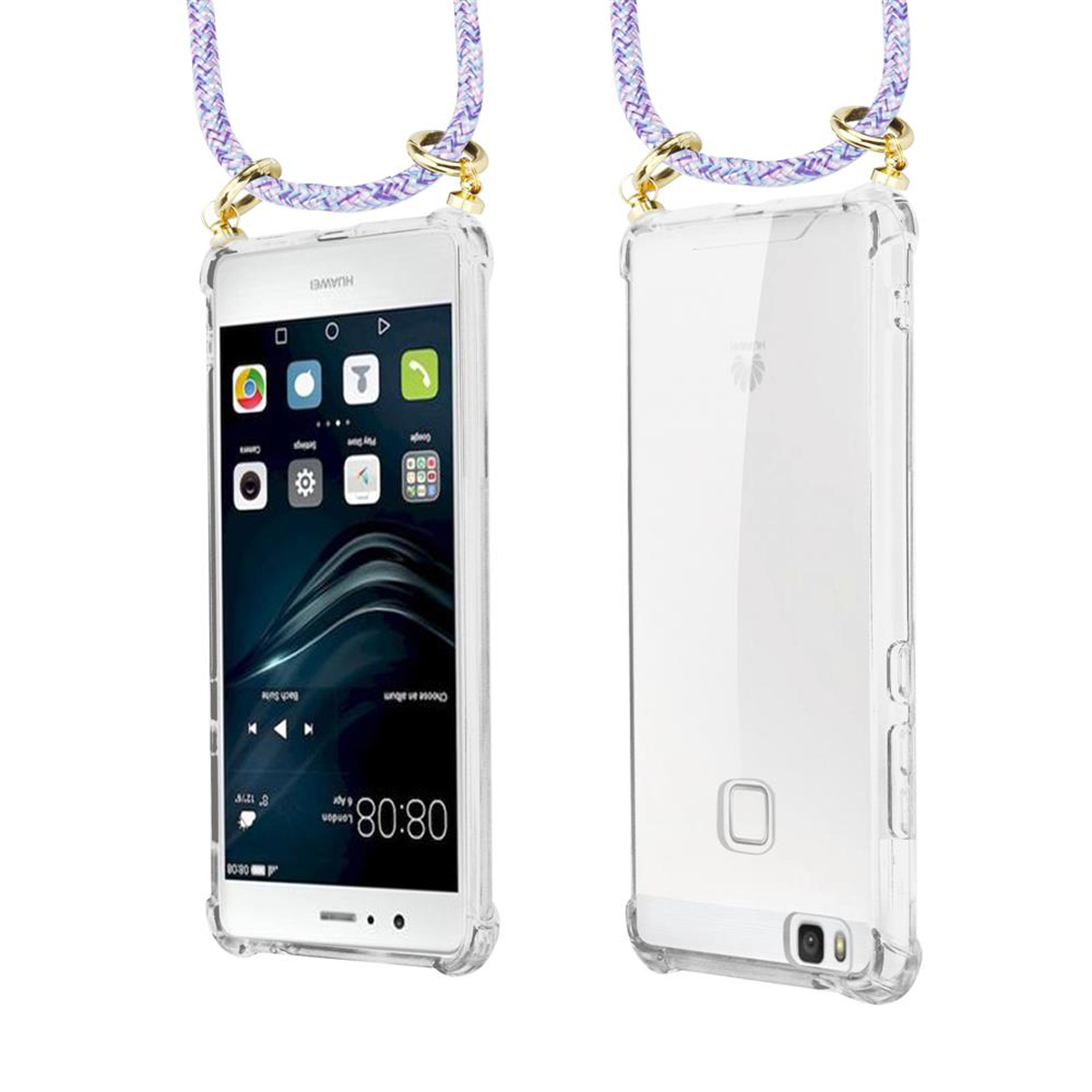 Zwei Telefone in transparenten Hüllen mit Lanyards. Eines zeigt eine Oberfläche, das andere ein Huawei-Logo.