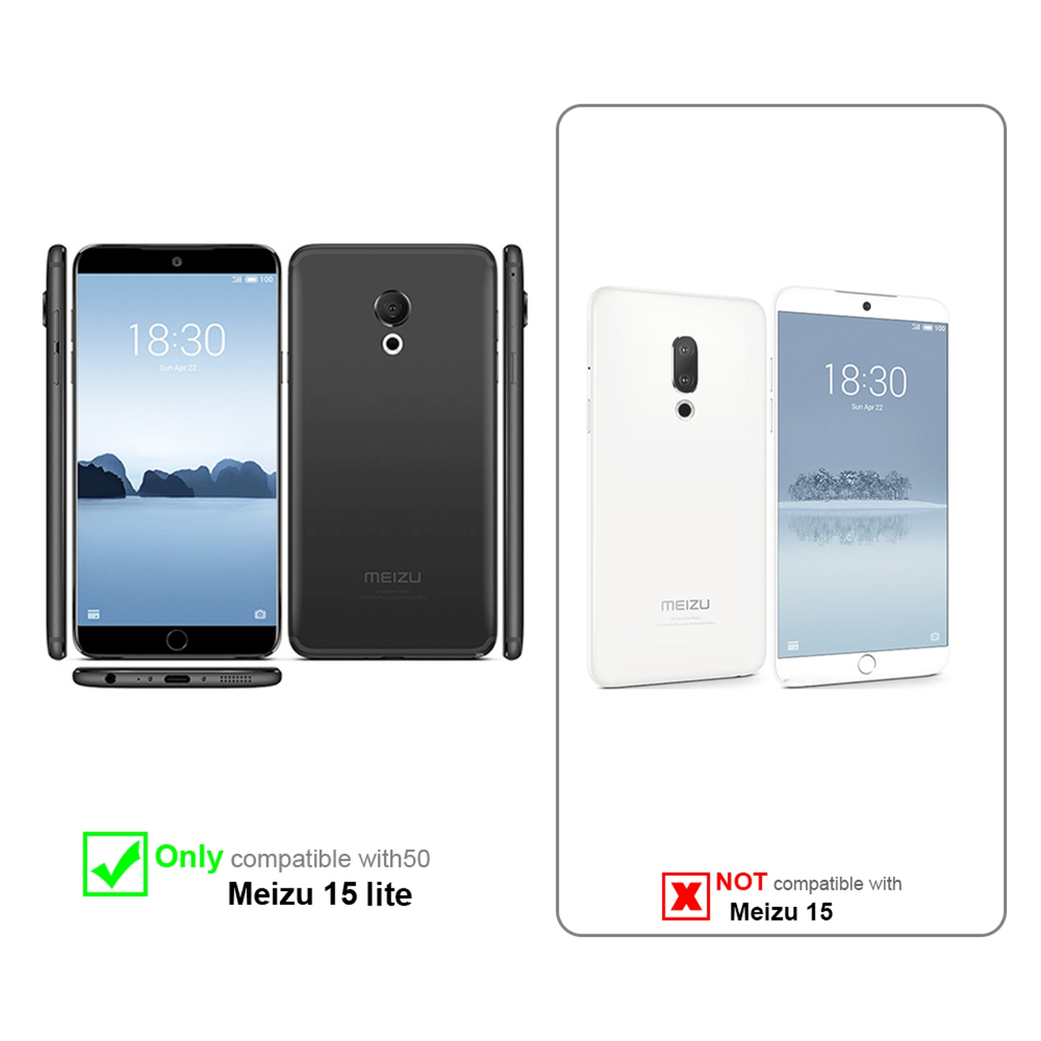 Dos teléfonos, negro y blanco, lado a lado, con marca de verificación y X, info de compatibilidad.