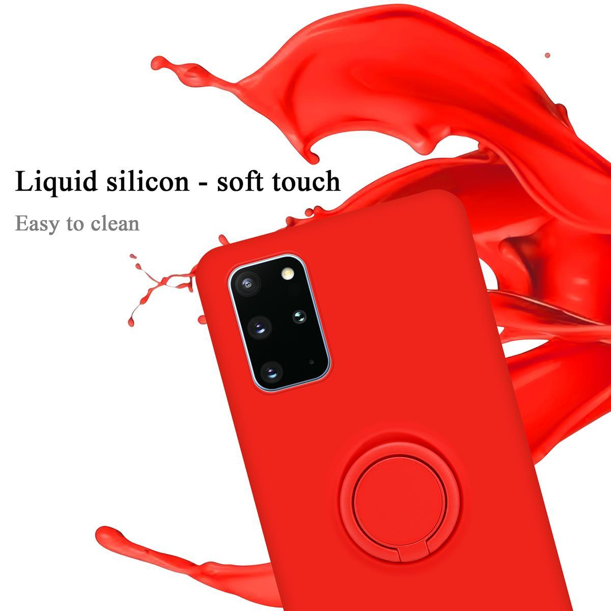 Custodia rossa con anello sul retro, primo piano. Testo: Silicone liquido - tocco morbido.