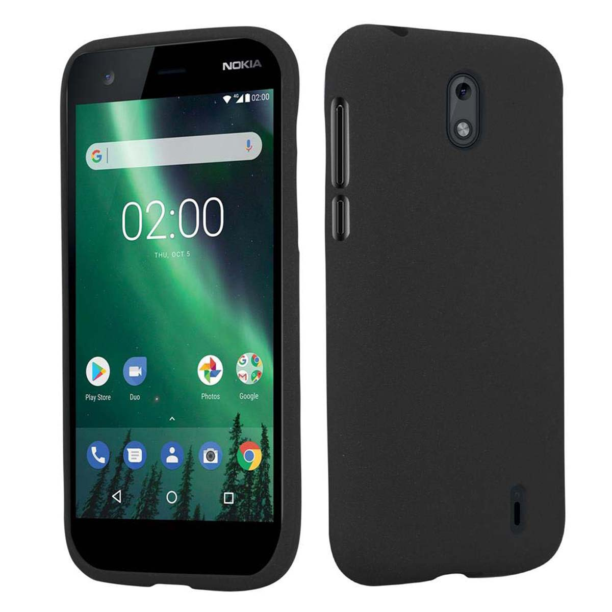 Un telefono nero con custodia nera. Lo schermo mostra un'interfaccia. La custodia ha una parte superiore curva.