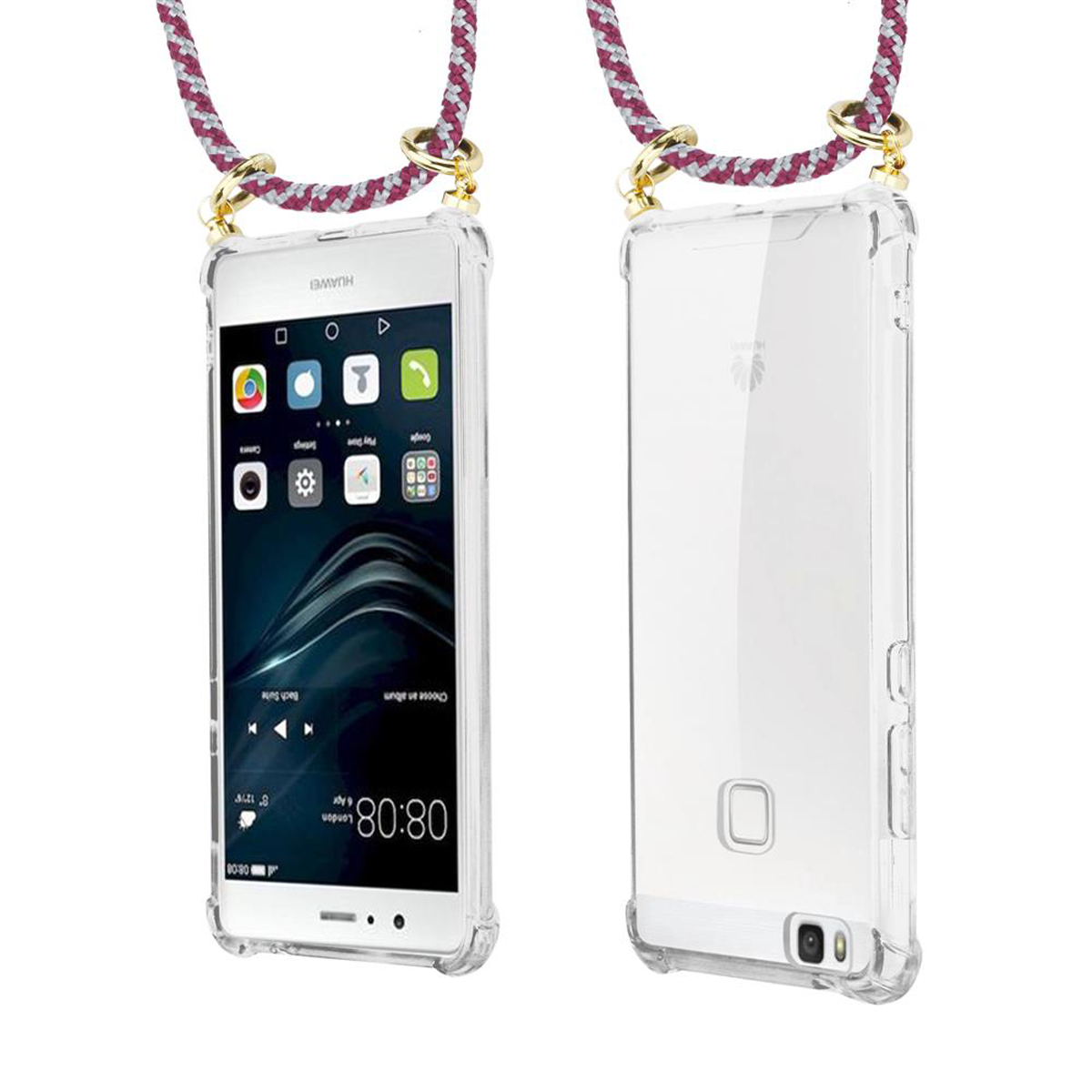 Zwei transparente Handyhüllen mit Kordeln, eine mit Icons, die andere mit leerer Rückseite.