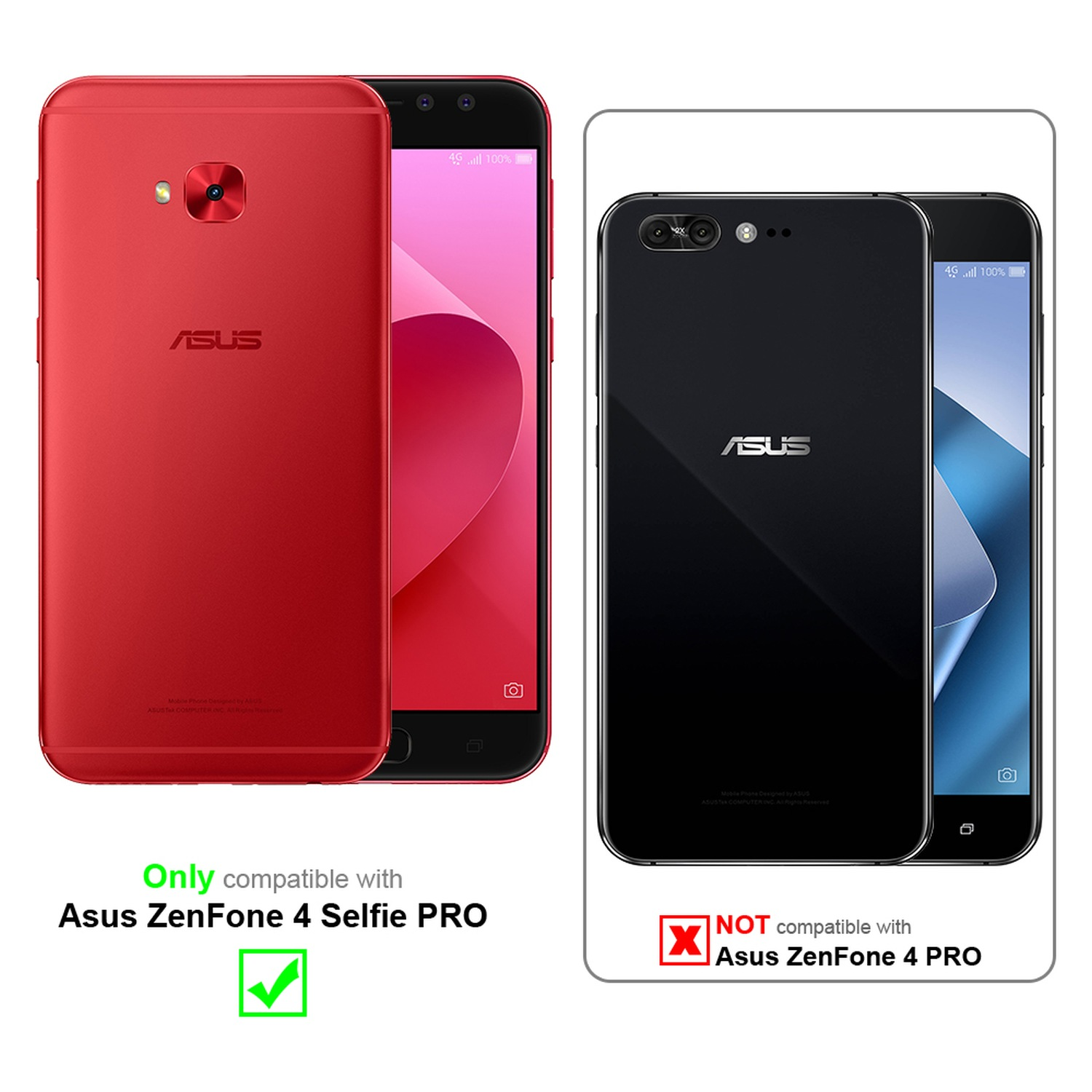 Due telefoni, rosso e nero, con testo che indica la compatibilità per Asus Zenfone 4 Selfie PRO. Spunta verde, X rossa.