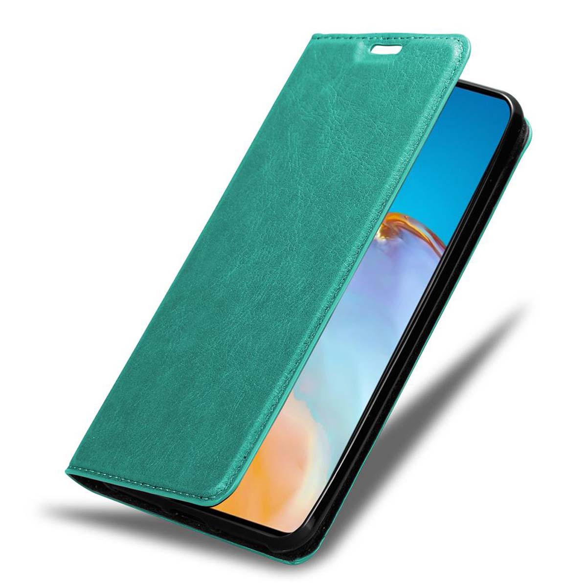 Grüne Handyhülle, geöffnet, mit Telefon darin. Zeigt den Bildschirm des Telefons.