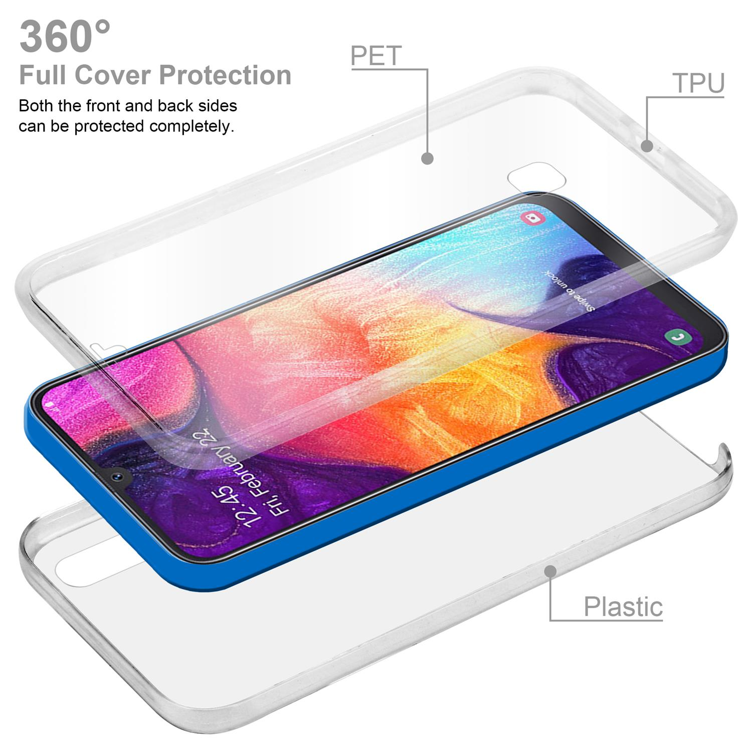 Una custodia trasparente per telefono sopra un telefono. L'immagine mostra la parte anteriore e posteriore del telefono con strati di plastica e TPU.