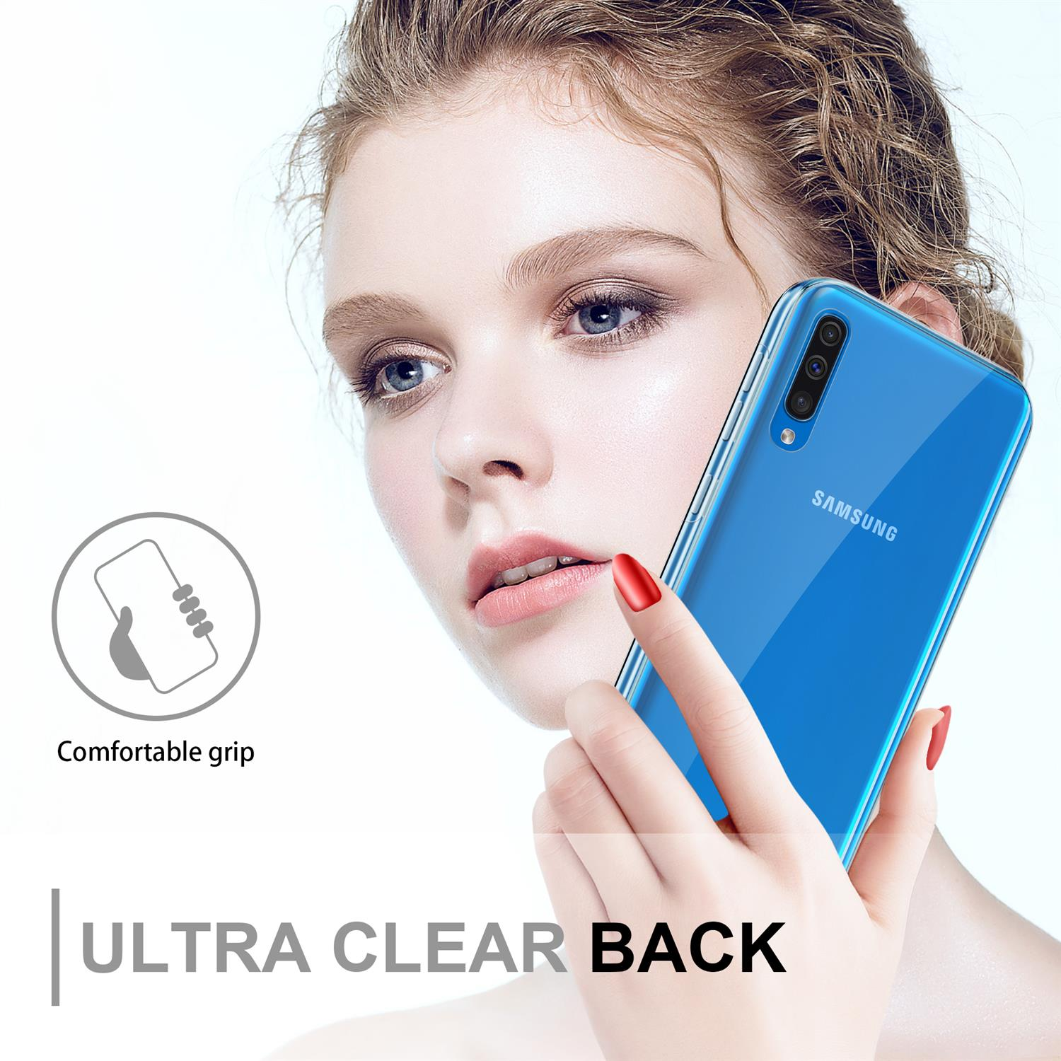 Donna che tiene in mano un telefono blu. Testo: Retro ultra trasparente. Grafico circolare con mano che tiene il telefono.