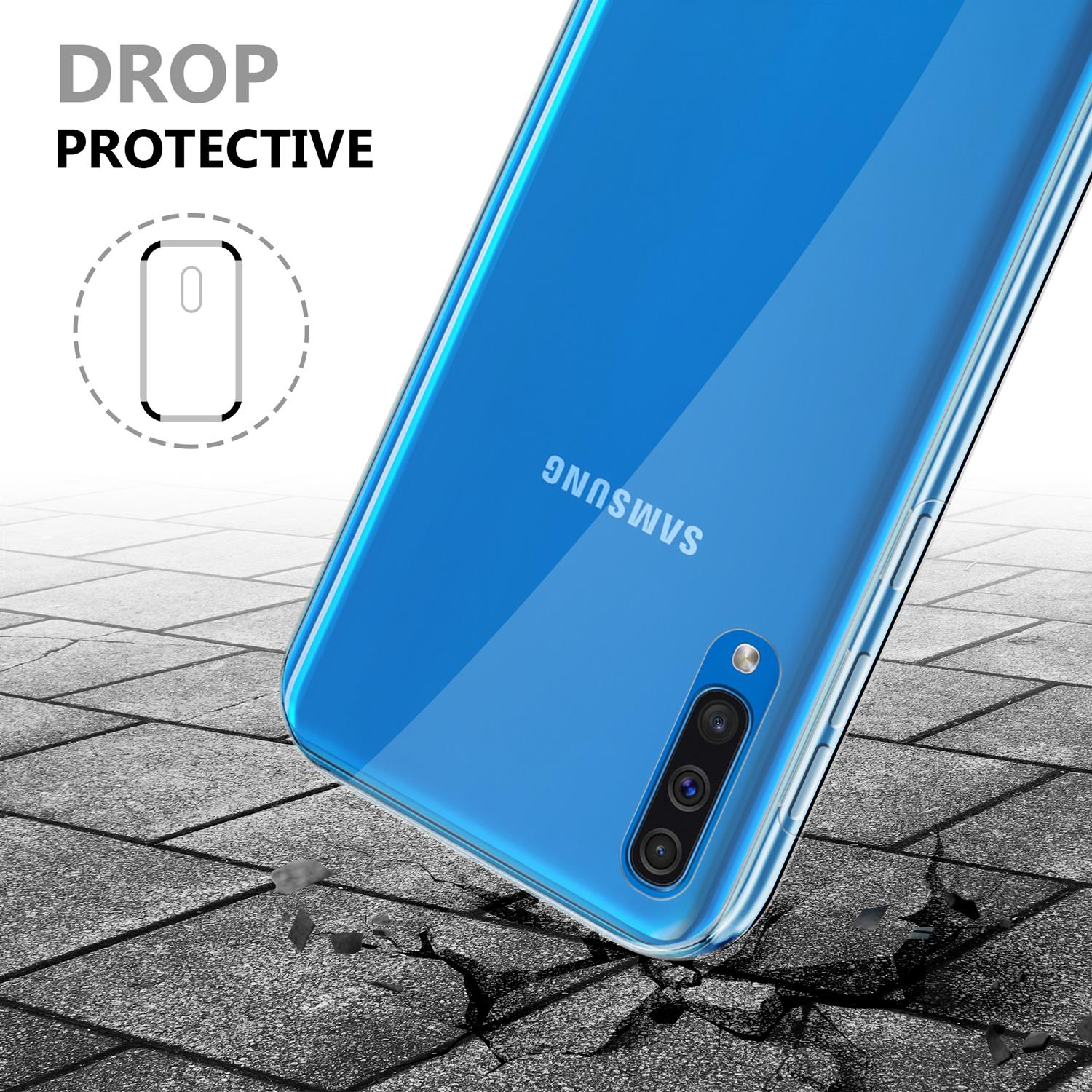 Un telefono in una custodia blu, appoggiato su una superficie piastrellata. La custodia è trasparente.