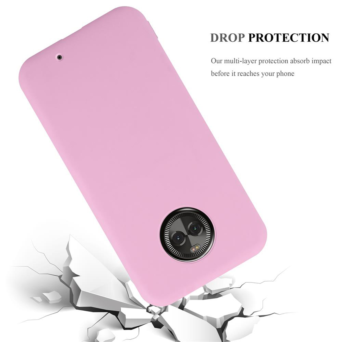 Una custodia rosa per telefono con un telefono all'interno, mostrata sopra un terreno incrinato, con un'etichetta di protezione dalle cadute.