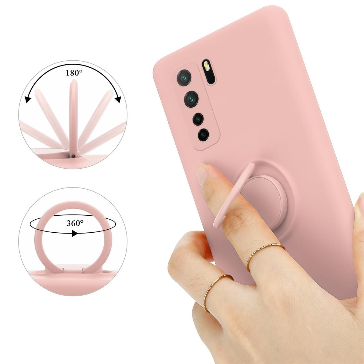 Ein rosa Telefon mit einem Ringhalter auf der Rückseite. Der Ring kann sich um 360 und 180 Grad drehen.