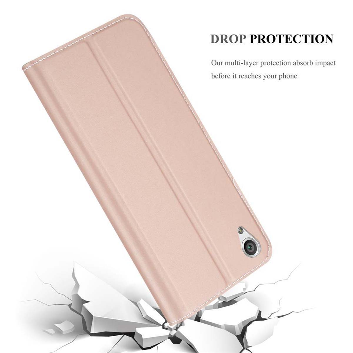 Rosafarbene Folio-Hülle mit weißem Innenraum, offen. Zeigt eine Telefonsilhouette, Text: Drop Protection und zerbrochenen Boden.