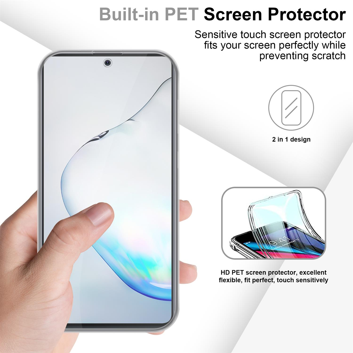 Telefono con protezione schermo in mano. Testo: Protezione schermo PET integrata. Design 2 in 1. Schermo HD.