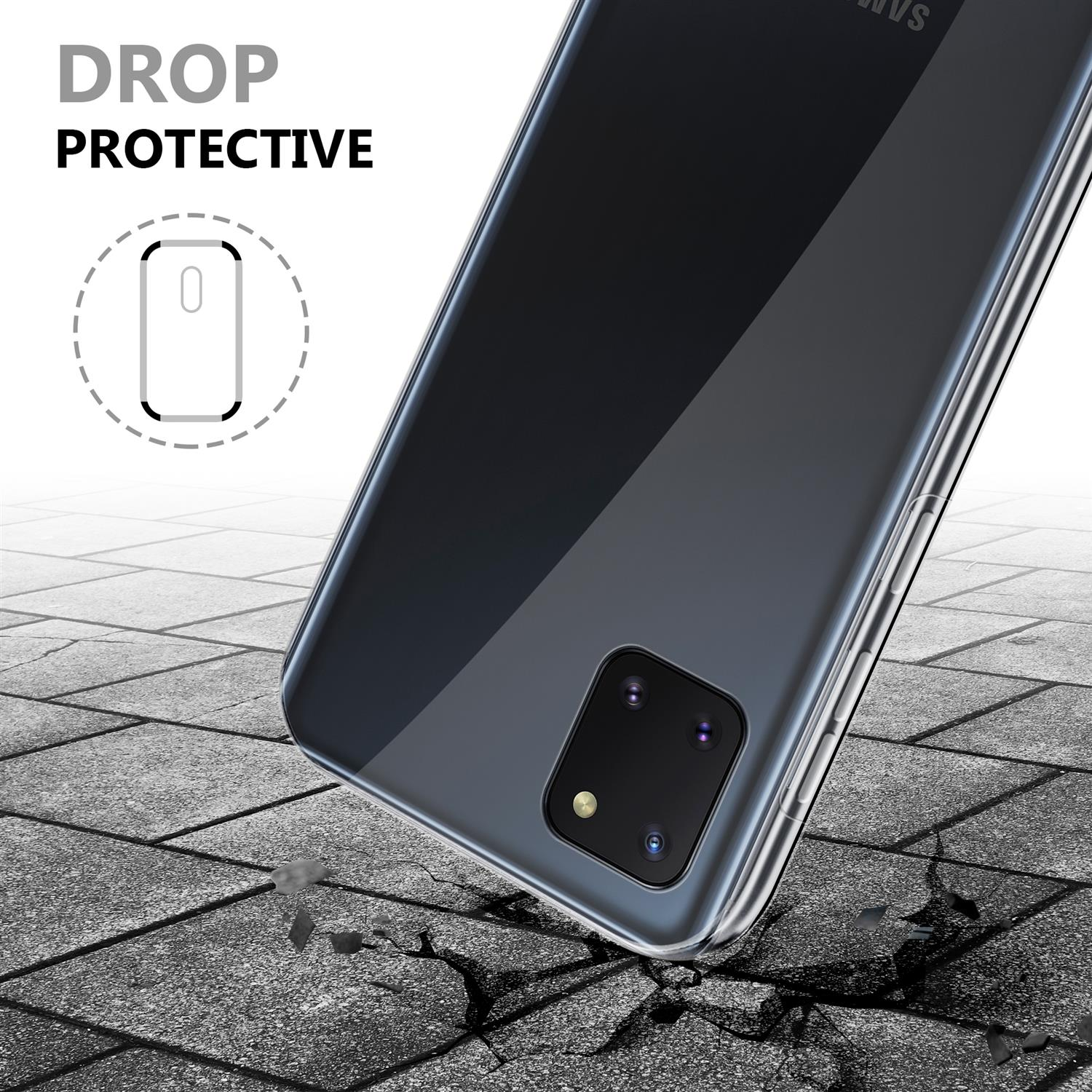Una custodia trasparente per telefono su una superficie strutturata, con testo DROP PROTECTIVE.
