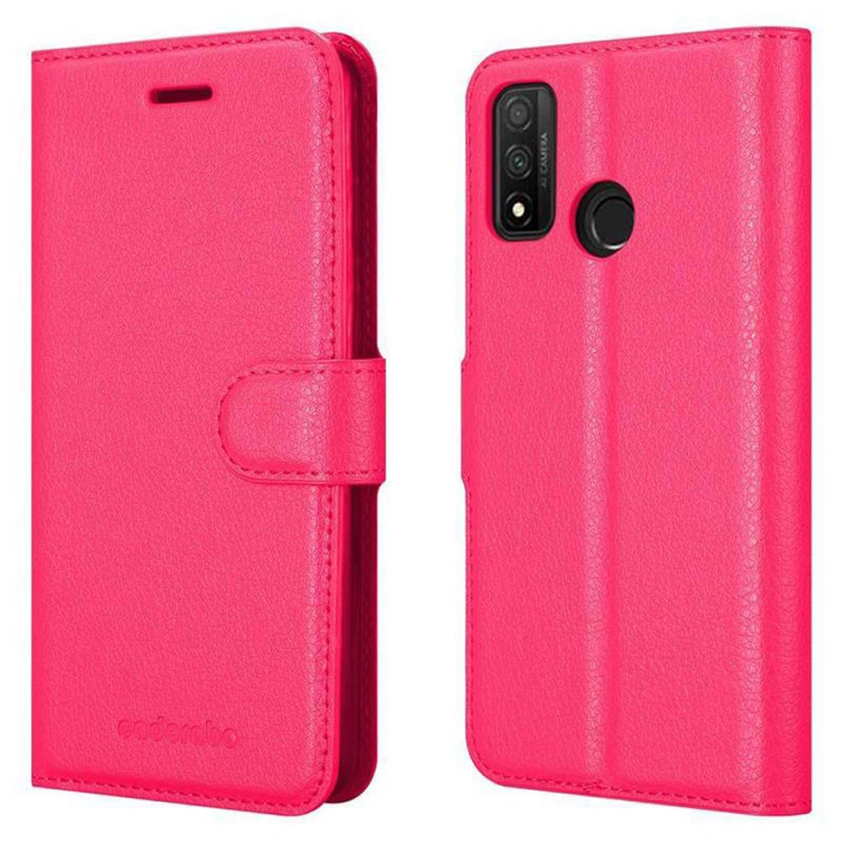 Custodia per telefono rosa, aperta e chiusa. La custodia ha una chiusura magnetica e un ritaglio per la fotocamera.