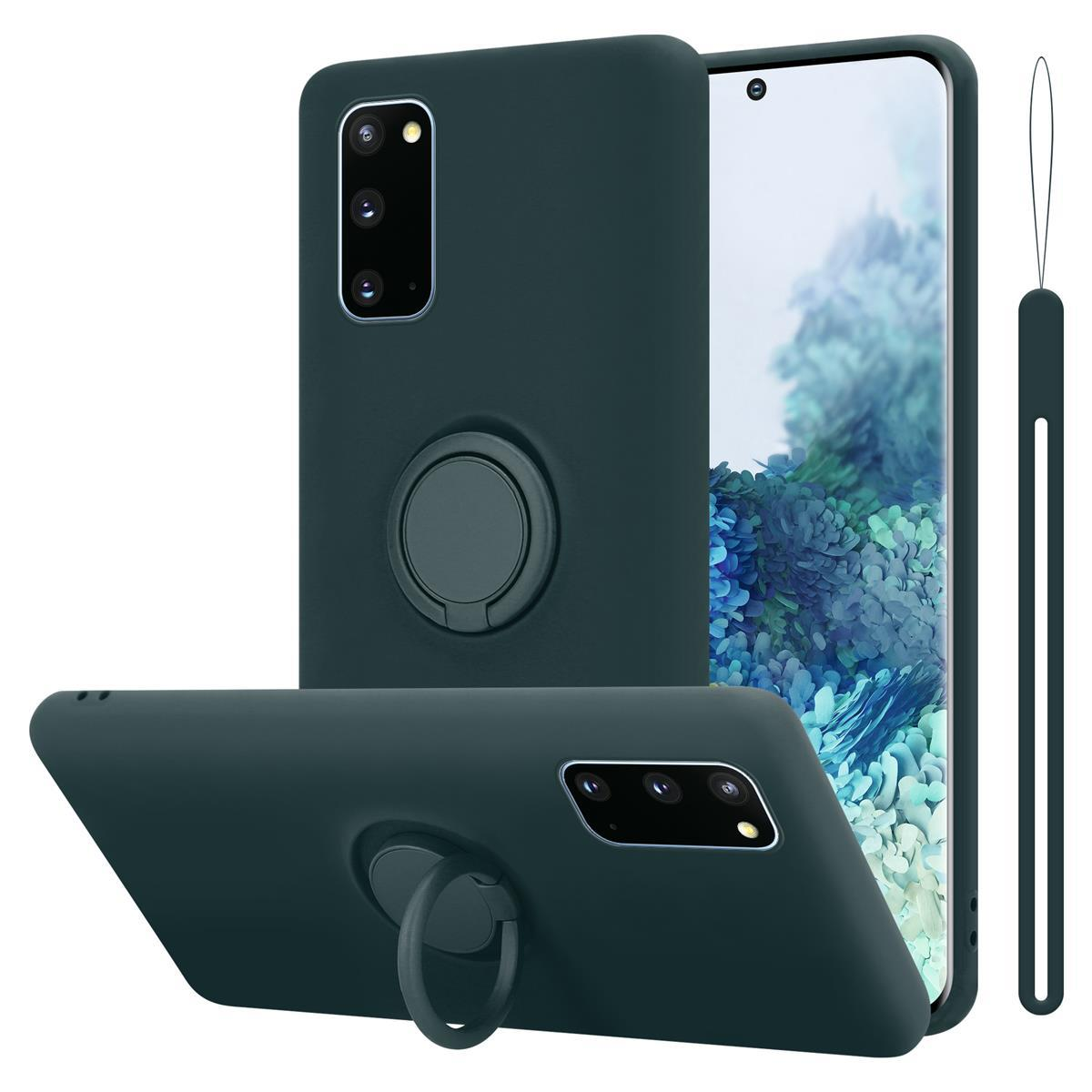 Custodia per telefono verde scuro con supporto ad anello e cordino, tre viste.