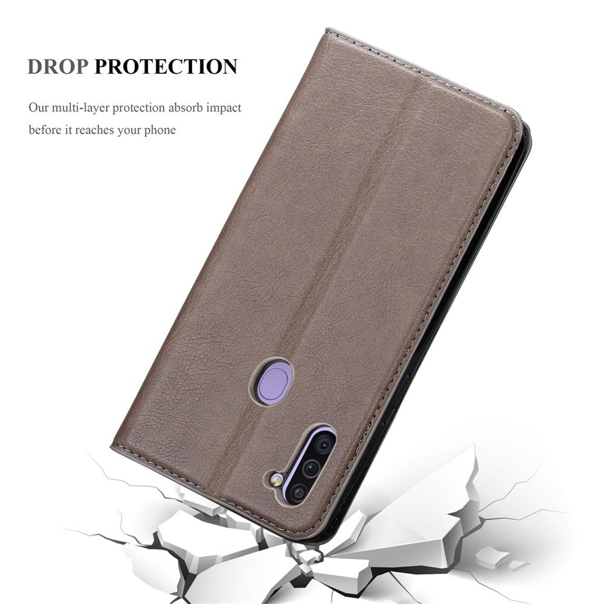 Braune Handyhülle mit Telefon. Text: 'DROP PROTECTION'.