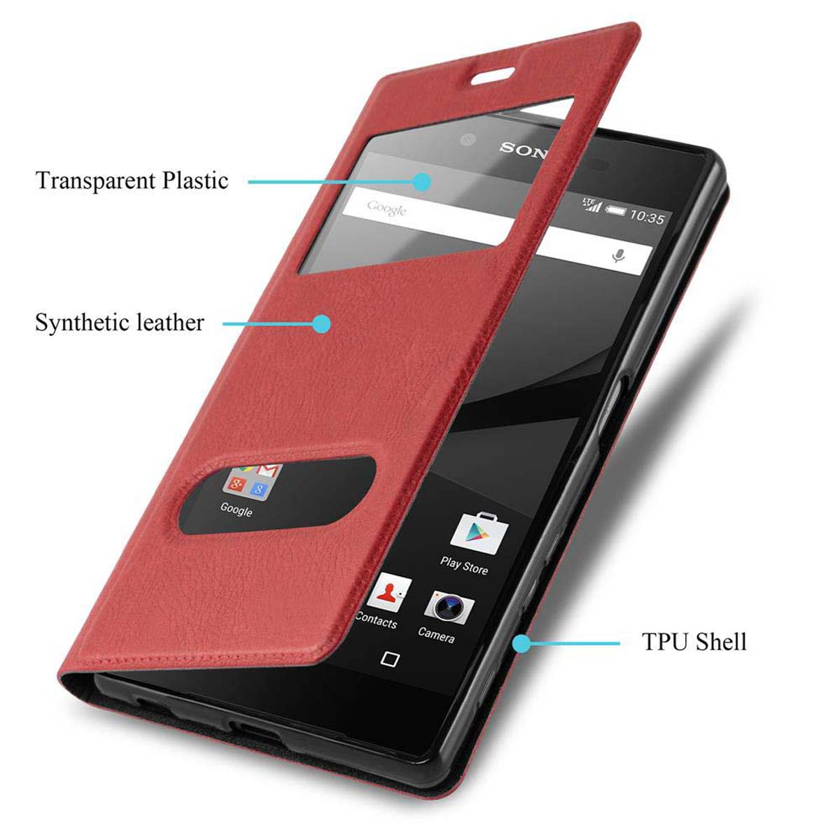 Funda de teléfono roja con tapa abierta. Dentro hay un teléfono que muestra aplicaciones. Etiquetas de texto: plástico transparente, cuero sintético, carcasa de TPU.