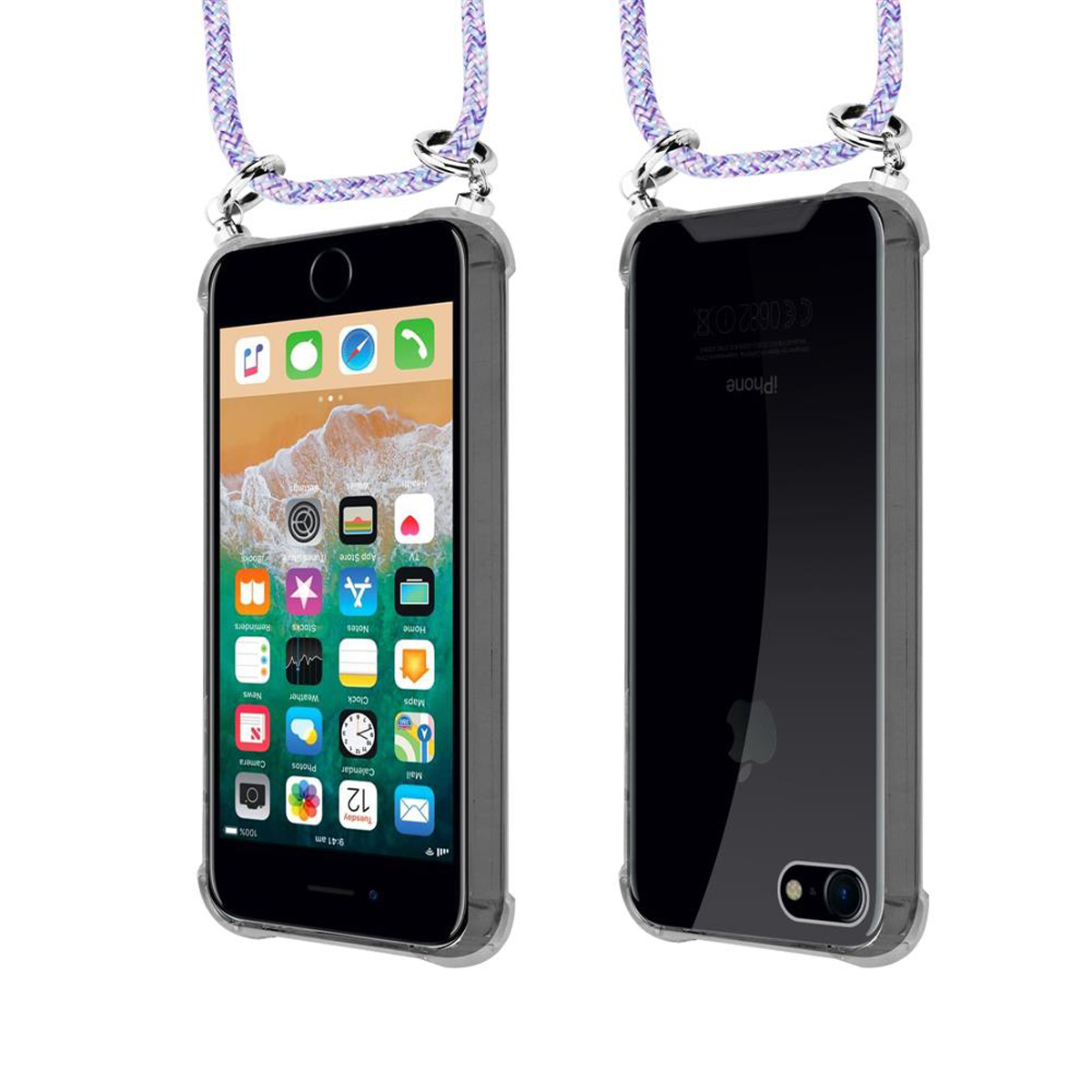 Due telefoni in custodie trasparenti con laccetti. Uno mostra un'interfaccia, l'altro un logo Apple.