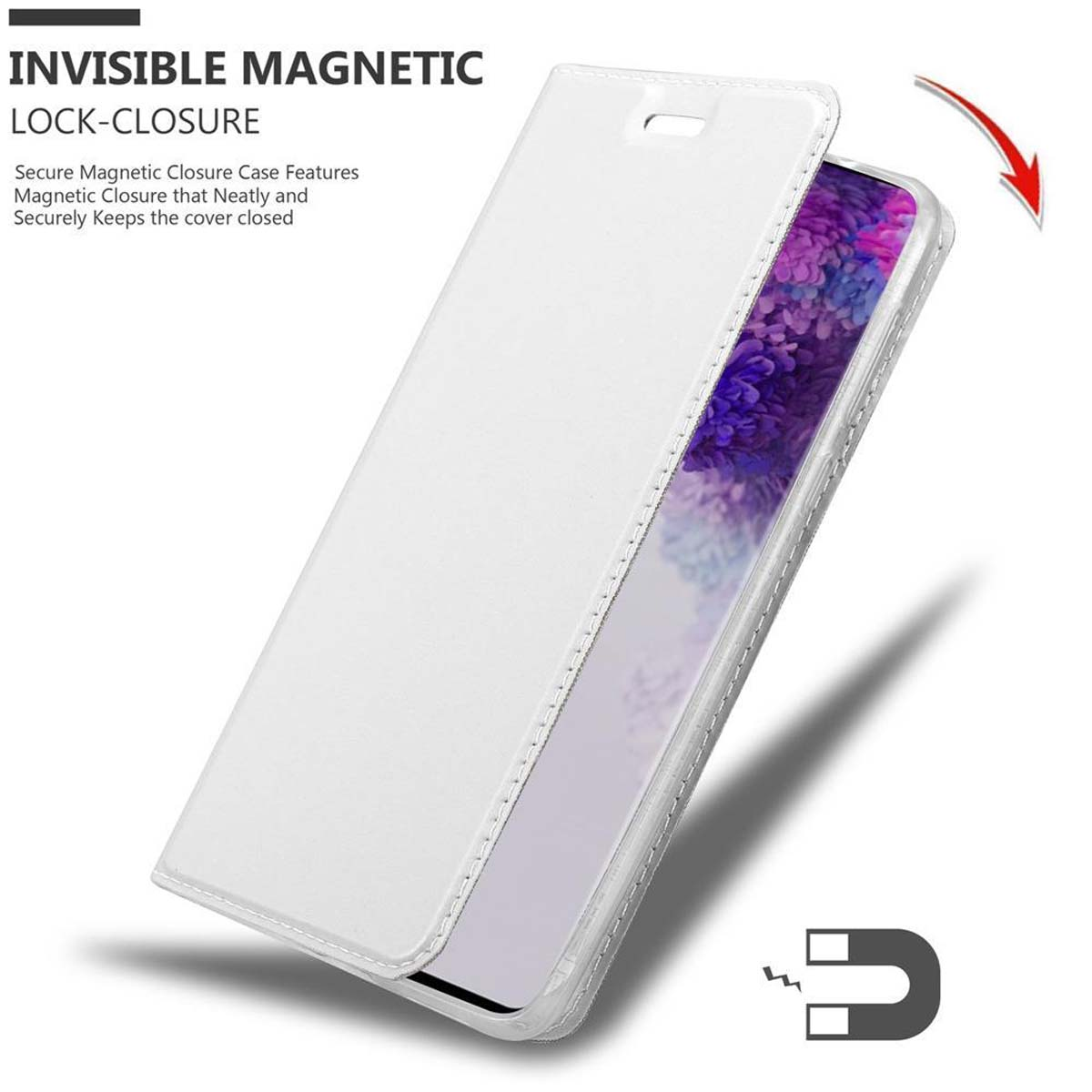 Eine weiße Handyhülle, offen, zeigt ein Telefon. Text: INVISIBLE MAGNETIC LOCK-CLOSURE.