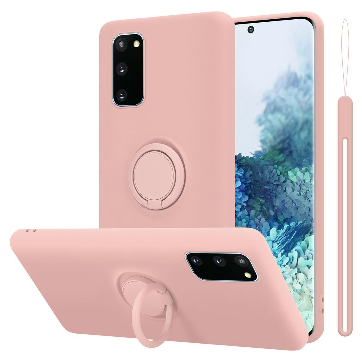 Rosa Handyhülle mit Ringhalter. Telefon dahinter. Rosa Handschlaufe. Weißer Hintergrund.