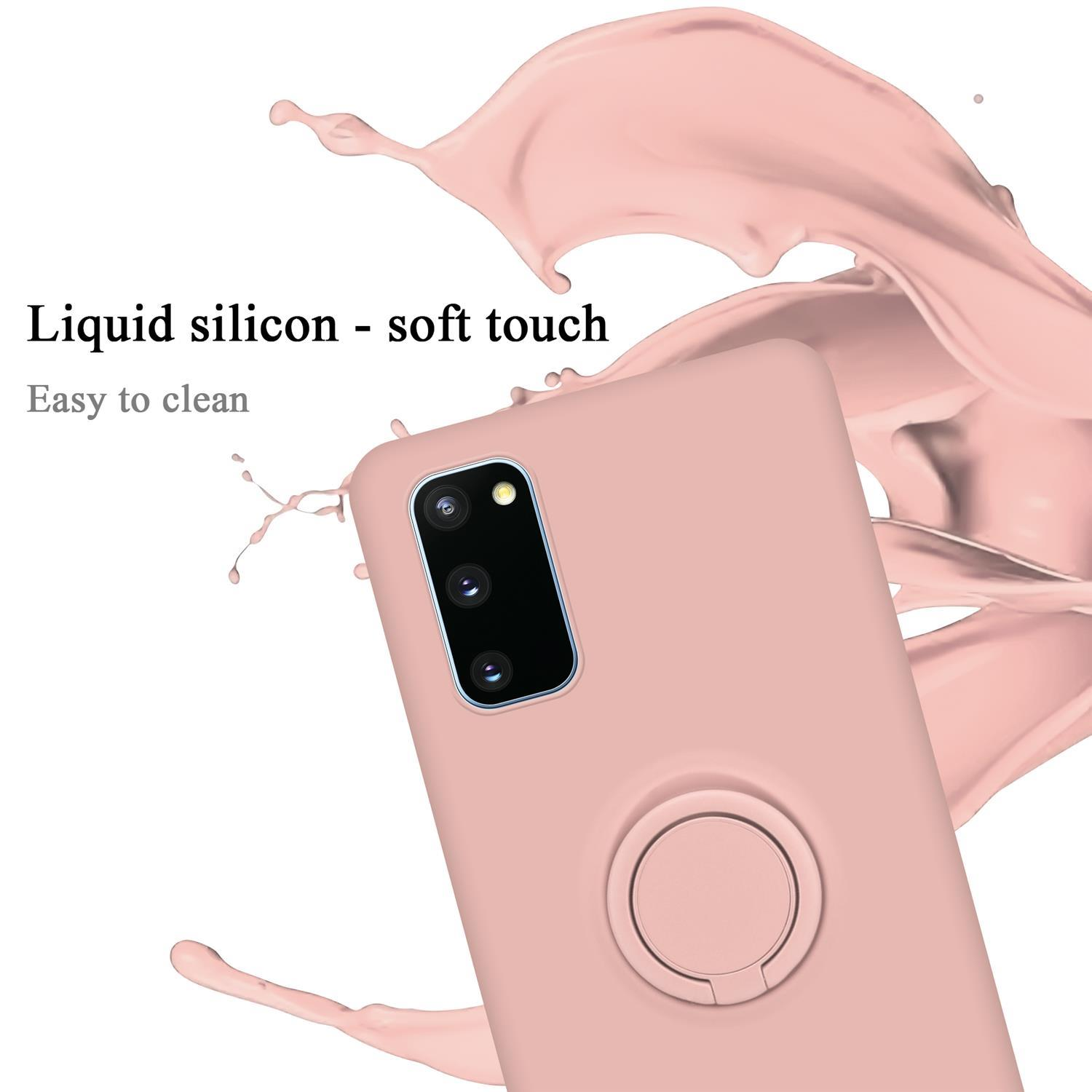 Gezeigt wird eine pinkfarbene Handyhülle mit einem Ringhalter. Das Telefon befindet sich vor einem Spritzer rosa Flüssigkeit.
