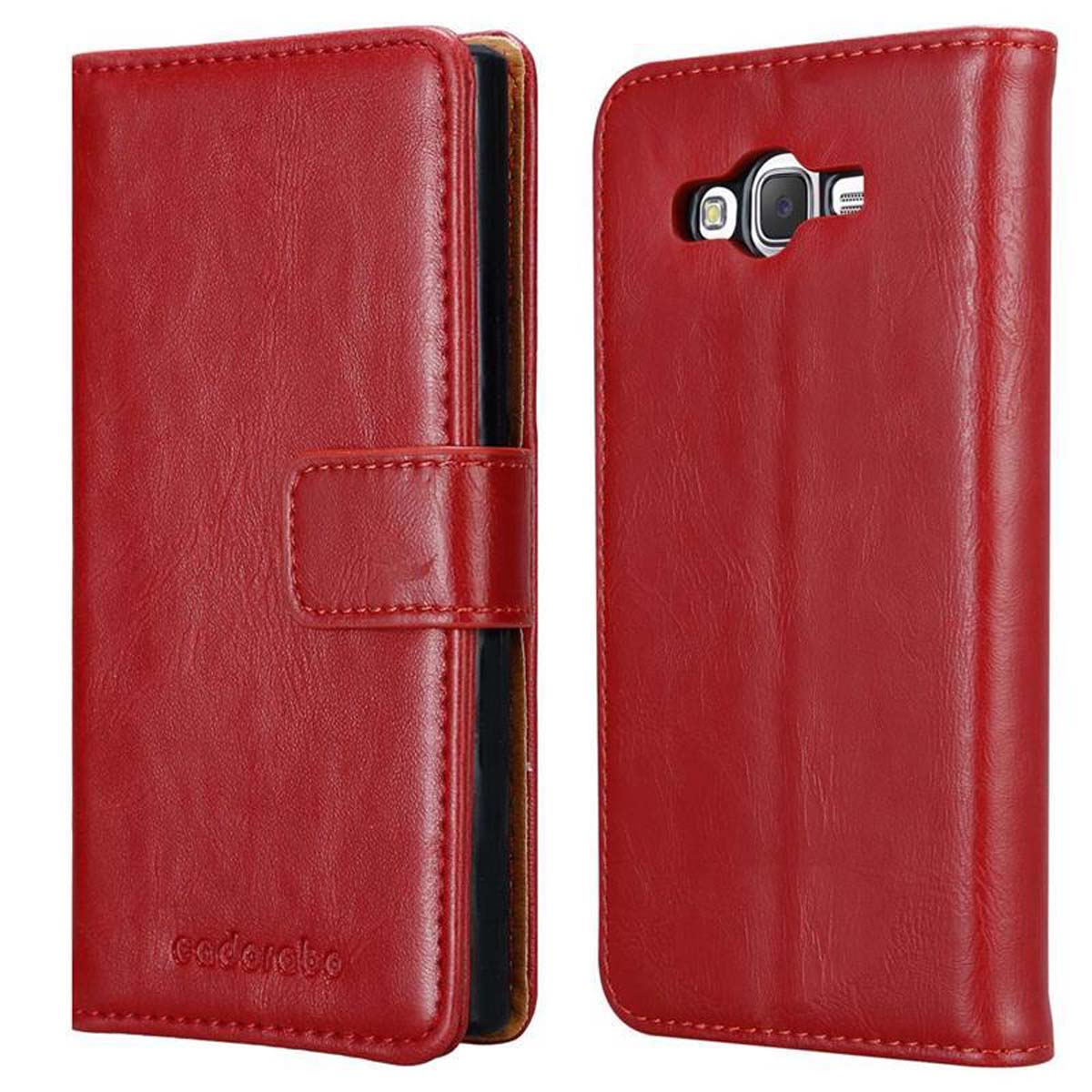 Rote Leder-Wallet-Hülle, offen, Telefon zeigend. Verschluss links.