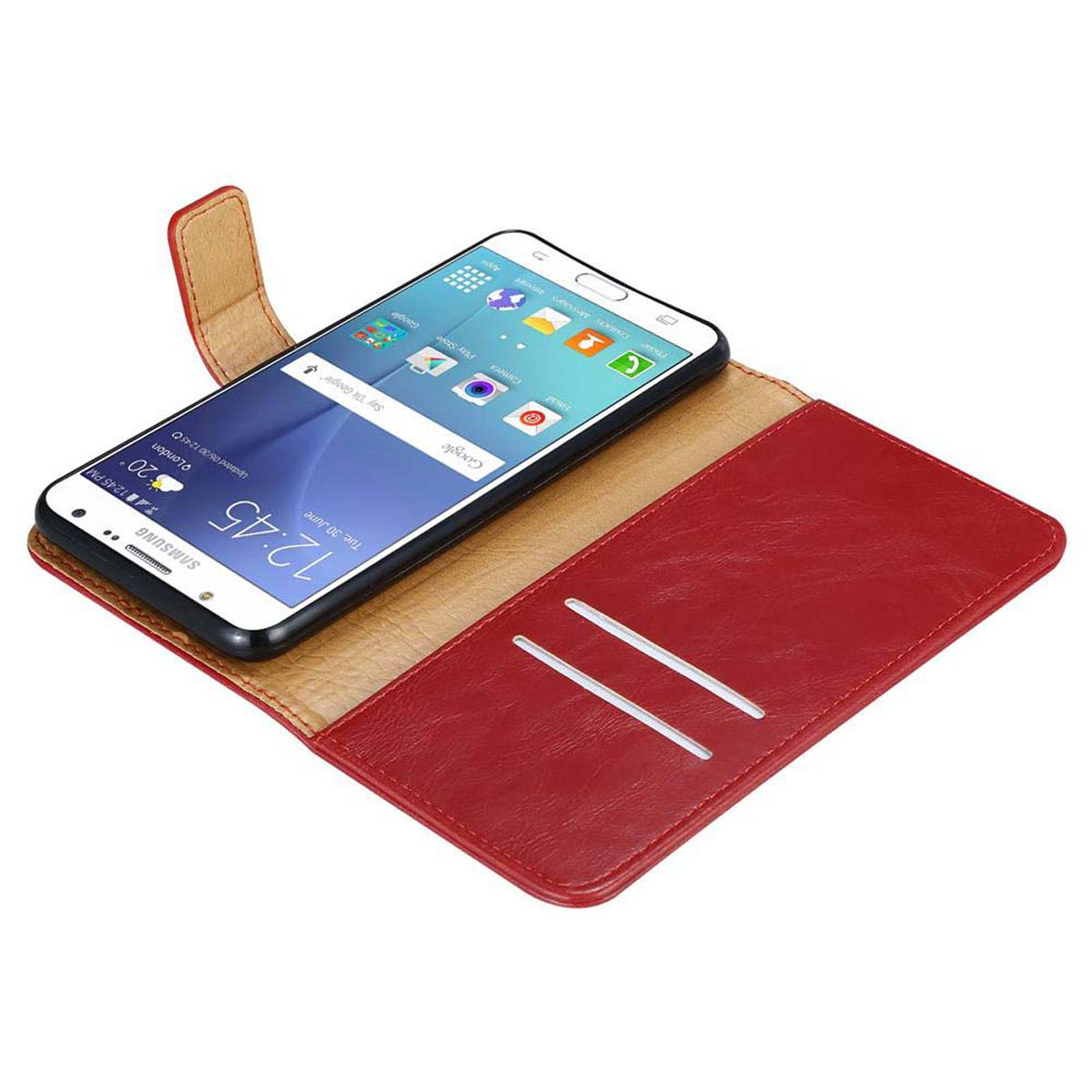Custodia per telefono rossa aperta, con un telefono all'interno, angolata su una superficie marrone chiaro.