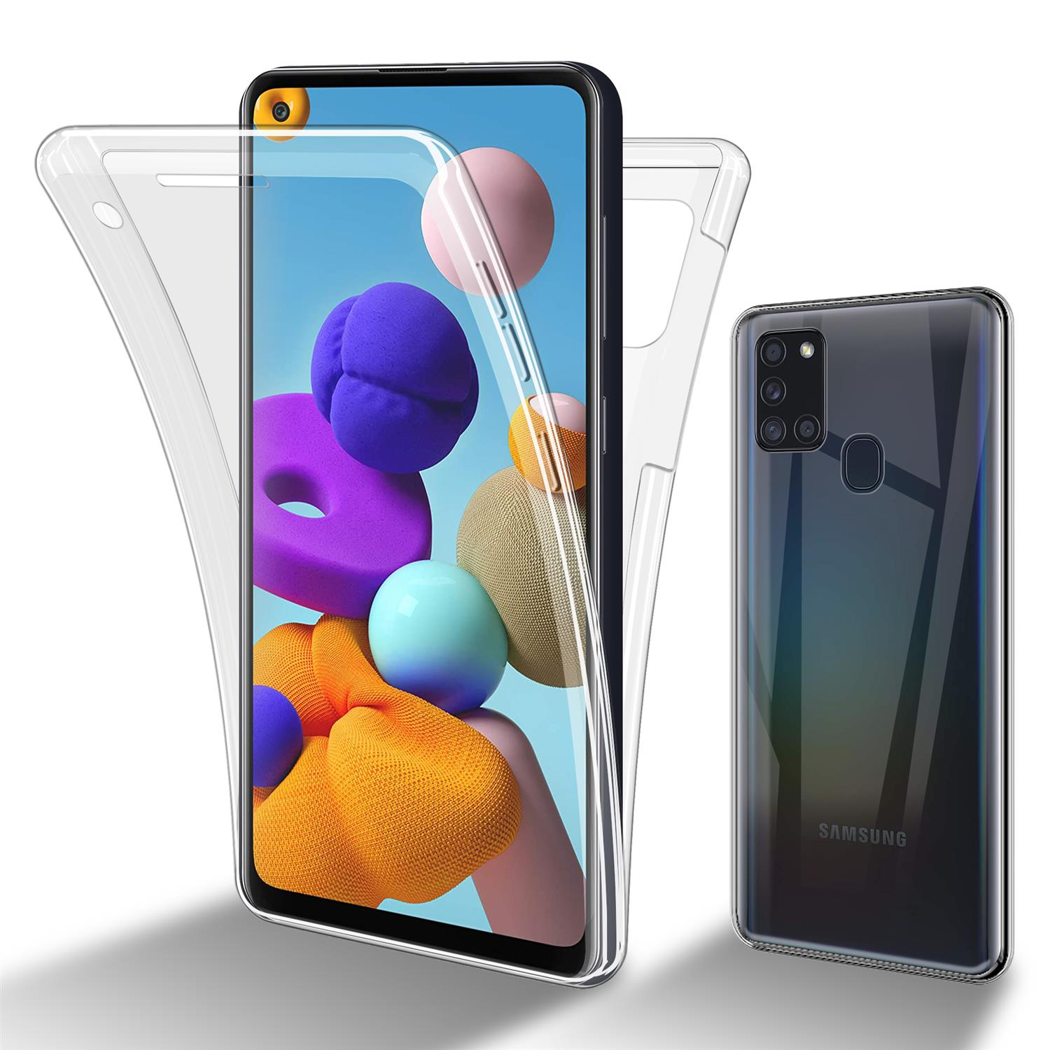 Smartphone con custodia. La custodia ha una copertura frontale trasparente e un telefono è visibile.