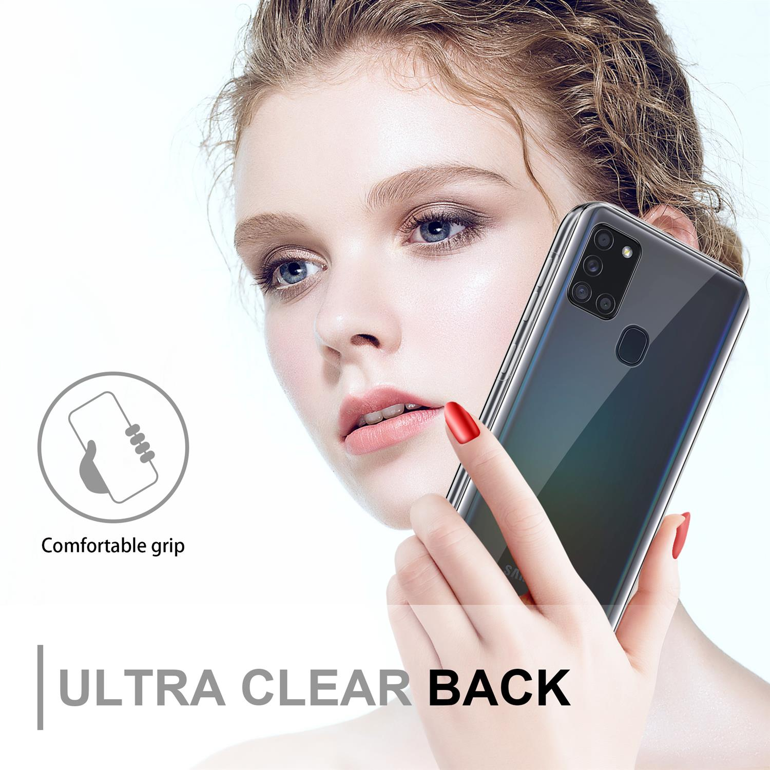 Donna che tiene una custodia trasparente per telefono con un telefono nero all'interno e il testo 'ULTRA CLEAR BACK'.