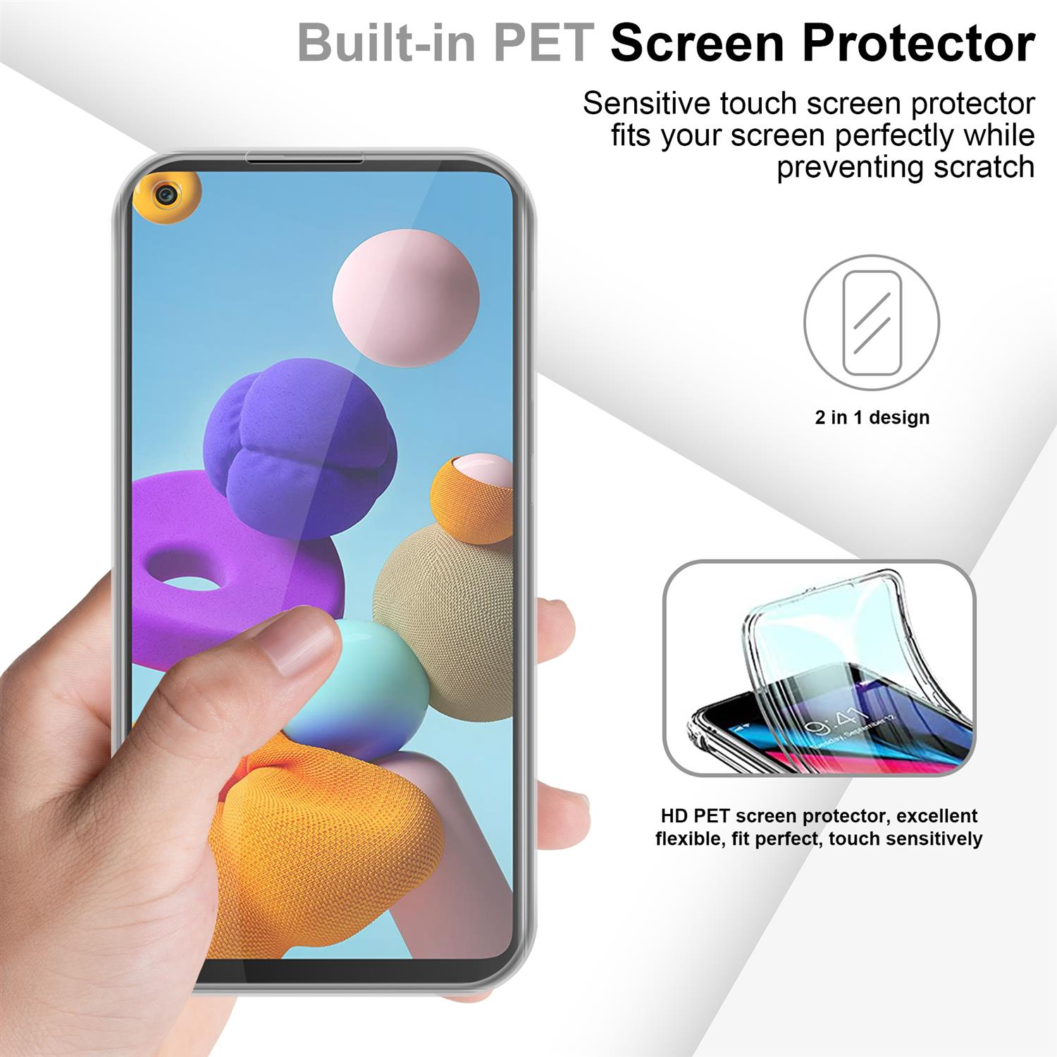 Mano che tiene un telefono con protezione schermo. Testo e immagini evidenziano le caratteristiche.