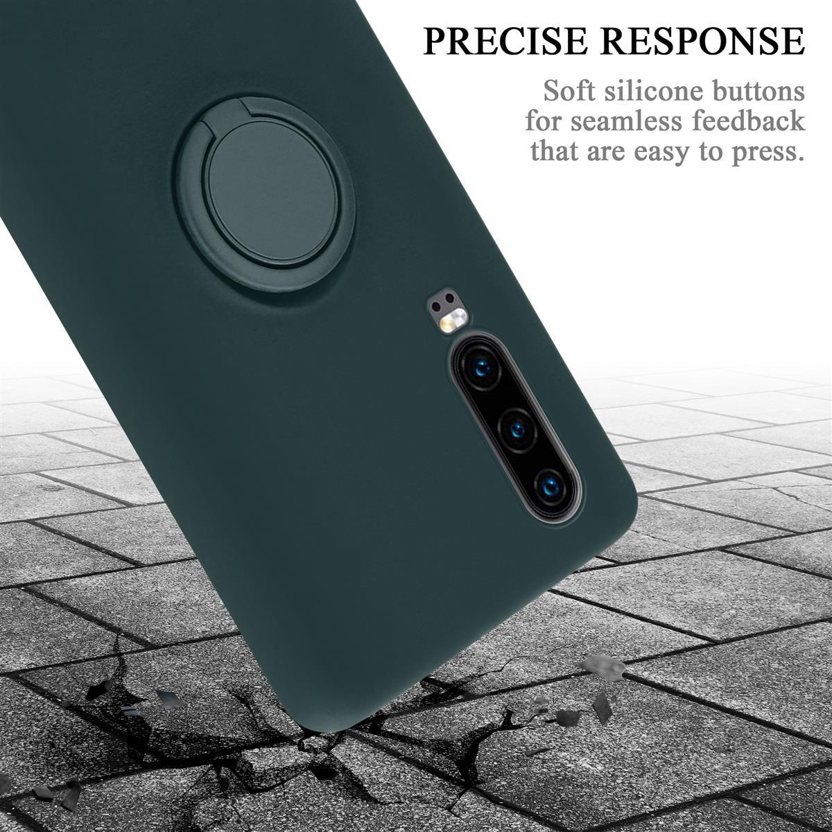 Nahaufnahme einer dunkelgrünen Handyhülle. Text sagt Precise Response. Die Hülle hat einen Ring und eine Kamera.