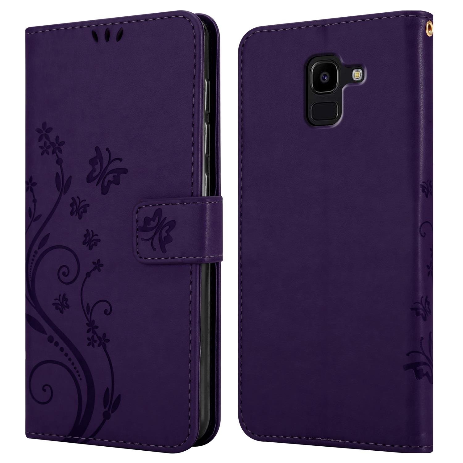 Lila Handyhülle mit Blumenmuster. Geöffnet, um das Telefon zu zeigen.