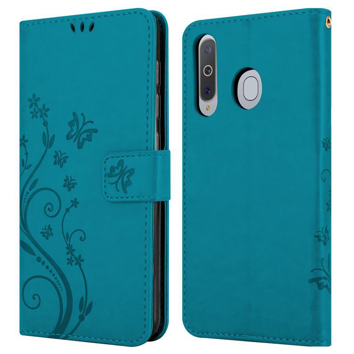 Custodia blu per telefono, aperta, con un design floreale. La custodia sembra essere in pelle o similpelle.