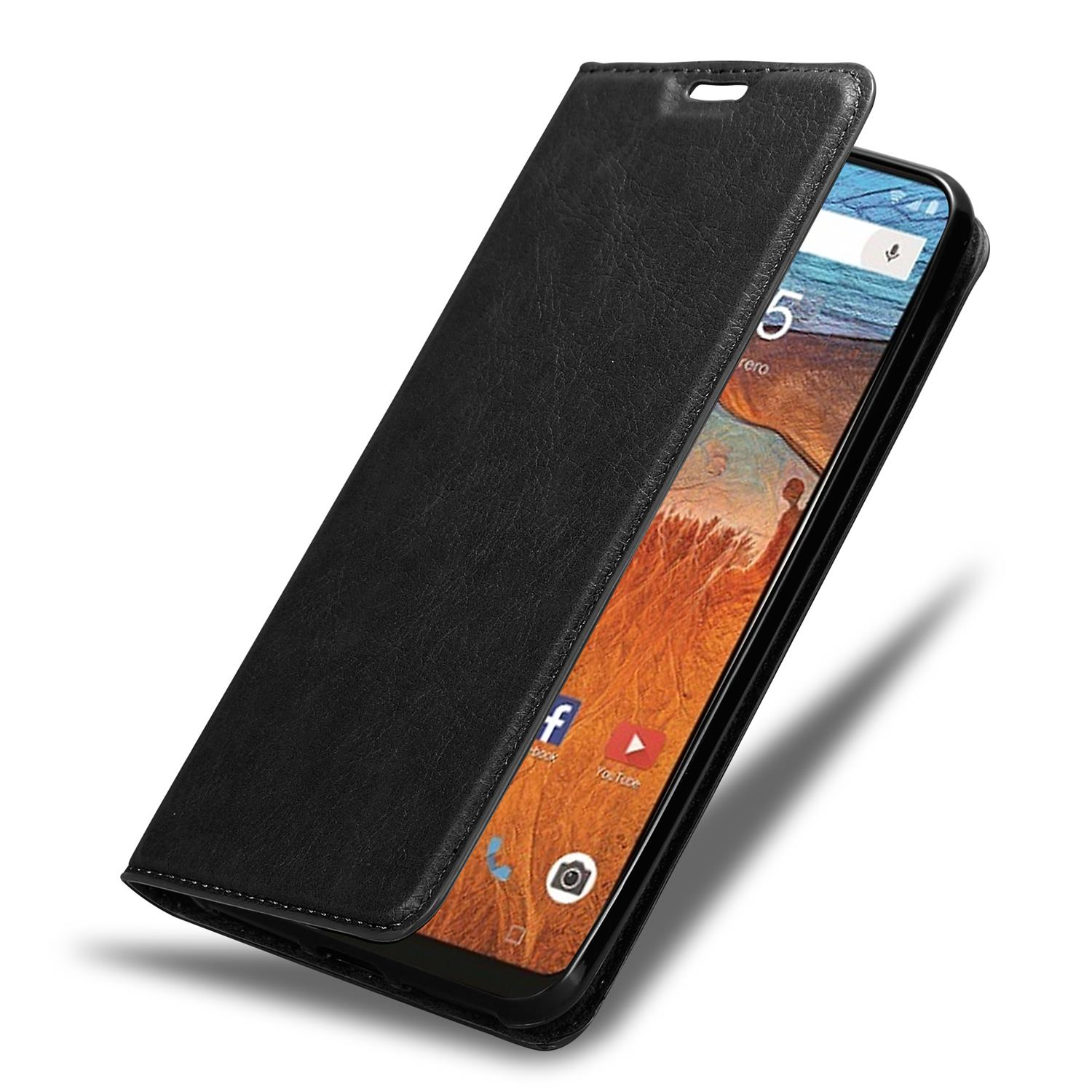 Schwarze Handyhülle geöffnet, zeigt Telefon mit App-Symbolen auf dem Bildschirm.