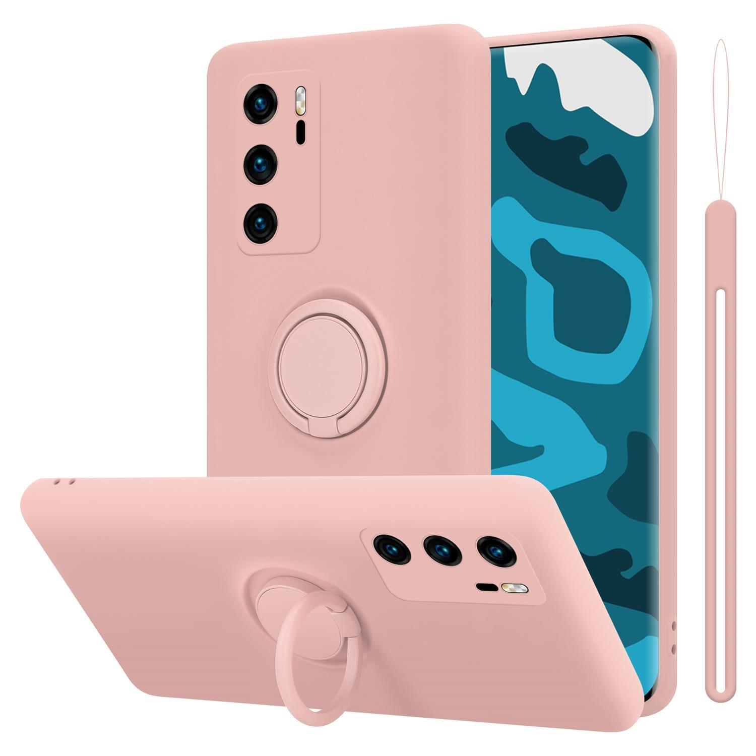 Custodia rosa per telefono con supporto ad anello e tre fotocamere, un'altra custodia sul retro, che mostra il telefono.
