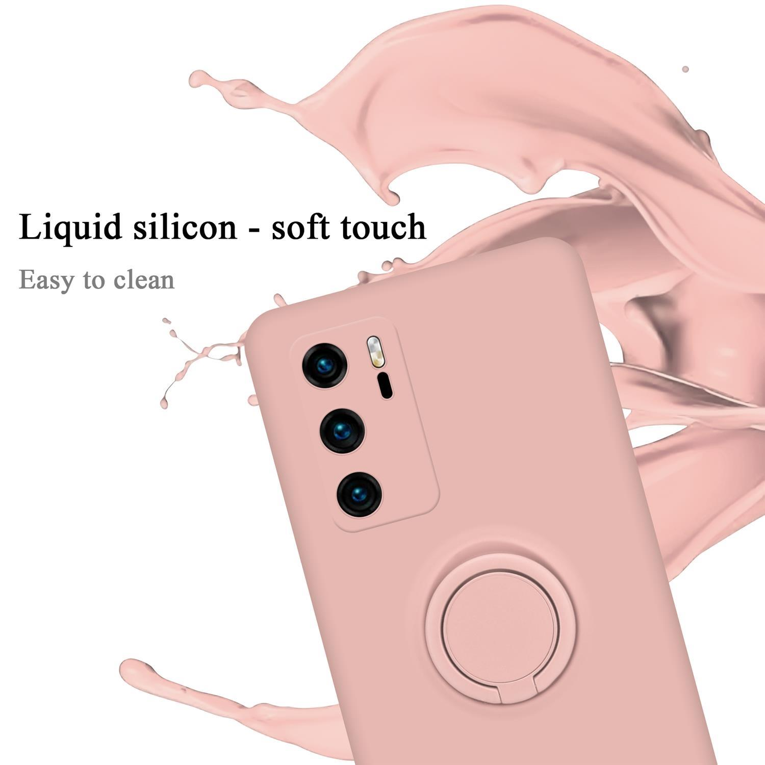 Una custodia per telefono rosa con supporto ad anello e testo. Liquido rosa schizza intorno.