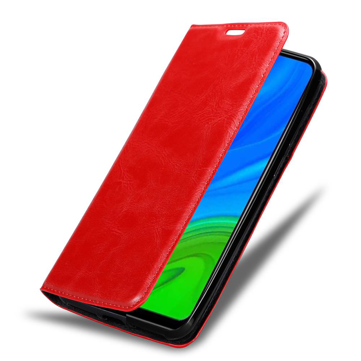 Rote Handyhülle, geöffnet, zeigt ein Telefon im Inneren.